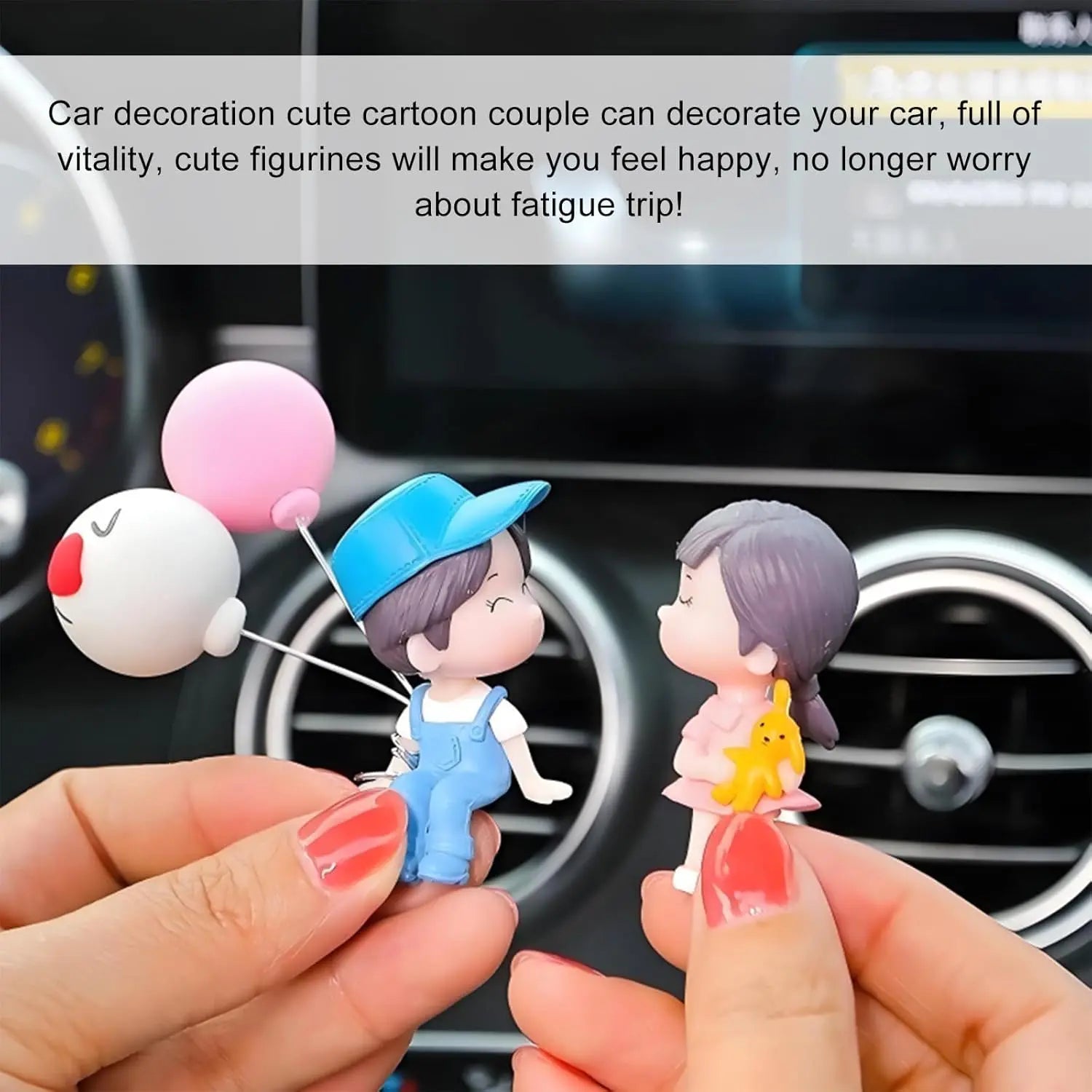 Cute Couple Car Dashboard Decorations, Lovely Couple Kiss Cartoon Figurines Car Ornament, Resin Material Boy Girl Car Interior Decoration with Balloon for Car Dashboard Gifts,Summervibes