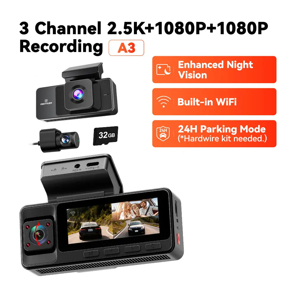 【Fathersdaygift】Redtiger A3 3 Channel Wifi Dash Cam Front and Rear inside with 32G SD Card( No SD Card Option in a Better Deal ), 2.5K+1080P+1080P Car Dash Camera for Carsfront and Rear, G-Sensor, 24H Parking Mode, Car Rvibe, Car VLOG, Summervibes Summerv