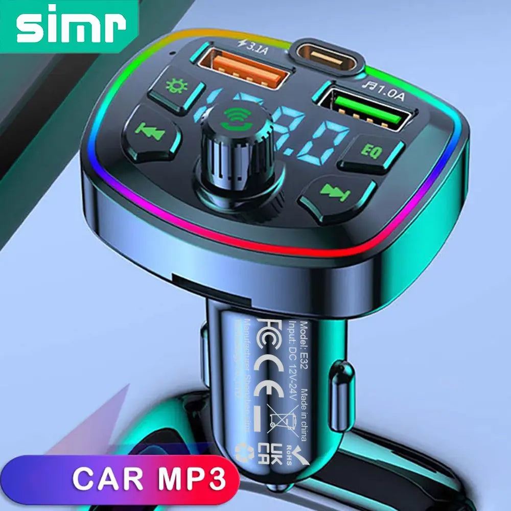 Simr E32 Multifunctional Car FM Transmitter, Bluetooth (BT) FM Transmitter & Wireless Radio Universal Car Adapter Car Kit with Dual USB & Type-C Fast Charging Car Charger, MP3 Player, USB Flash Drive Support, Smart Car Audio Receiver