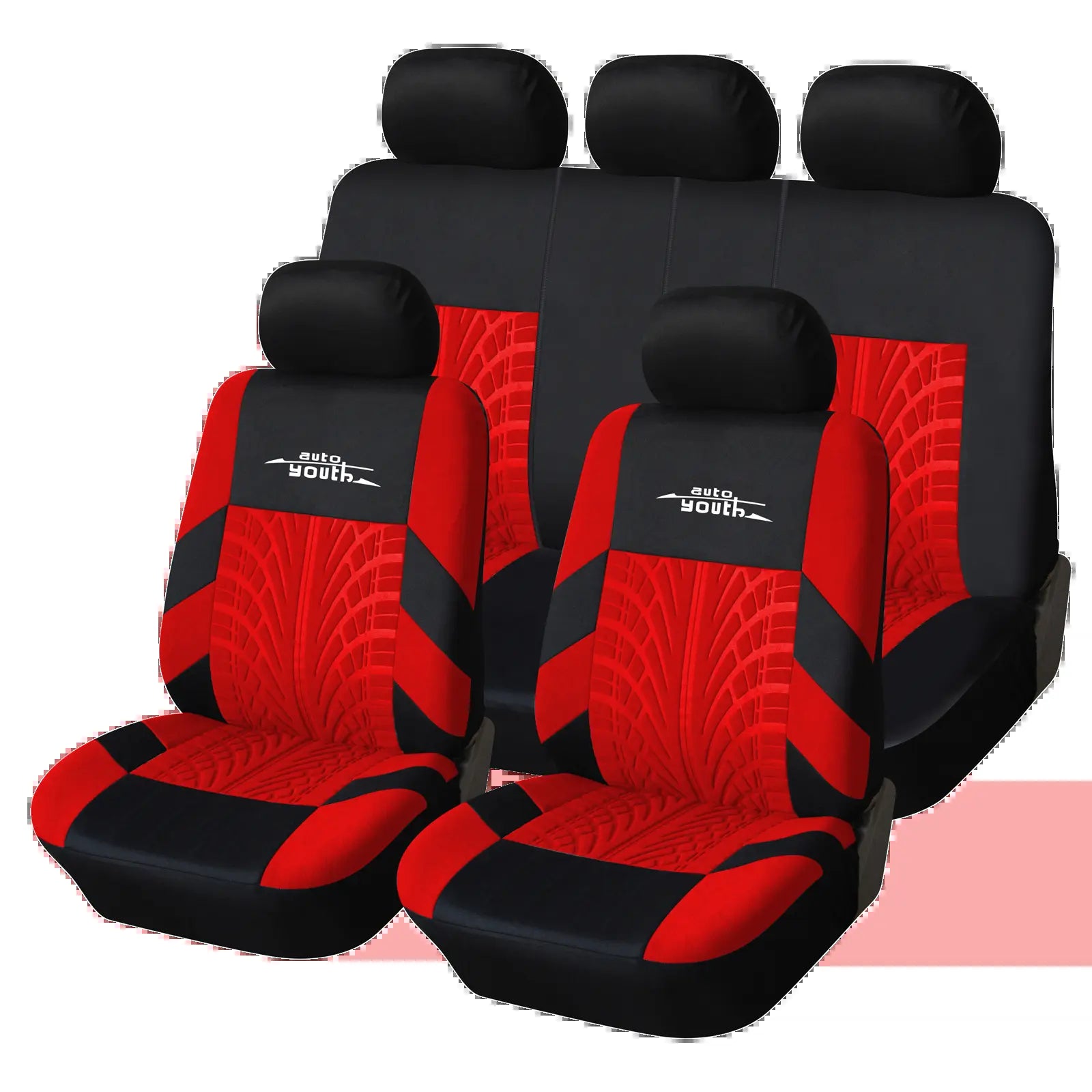 TOYOUN Universal 5 Seater Car Seat Cover Fabric Front & Rear Protector with Tire Track Detail Airbag Compatible Interior Accessories for Cars Trucks Suvs Vans Red Black Design