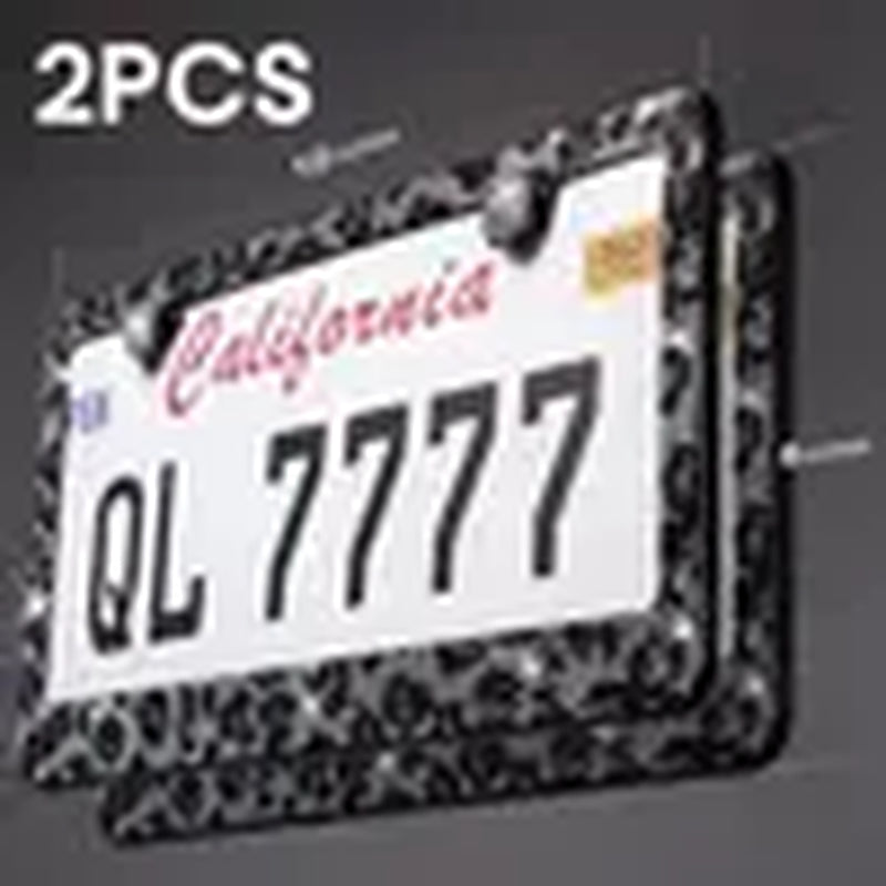 Queen’S Land 2PCS Bling Leopard License Plate Frames with Crystal Rhinestones, Sparkle Girly Car Accessories, Bling Car Decor for Girls Women Pink Red Black Leopard Car Accessories for Truck SUV