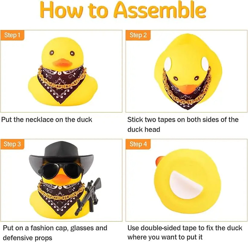 Black Cool Rubber Duck Car Accessories with Hat Sunglasses Gold Necklace Beer Gun DIY Assembly Dashboard Decoration