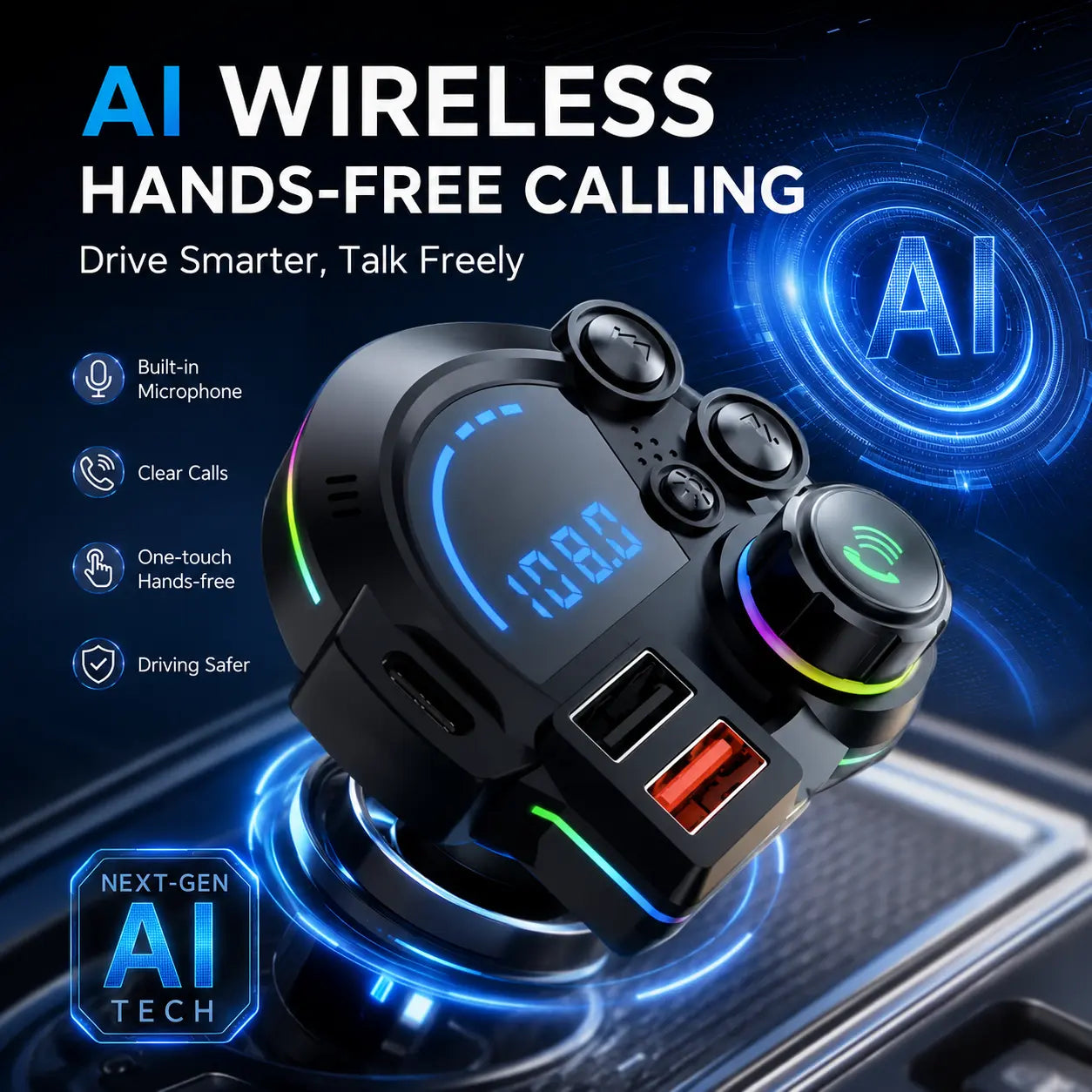 Bluetooth 5.3 FM Transmitter Bluetooth Car Adapter - PD 30W & USB Fast Charger, Colorful RGB Light, Hands-Free Calling, Bass Music Player for All Vehicles