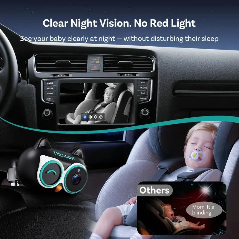 OTTOCAST Baby Camera for Car Wireless Carplay Adapter, 1080P HD Car Screen Display Rear Seat Monitor, 150° Wide Angle, No-Glow Night Vision, Safety for Kids & Infants