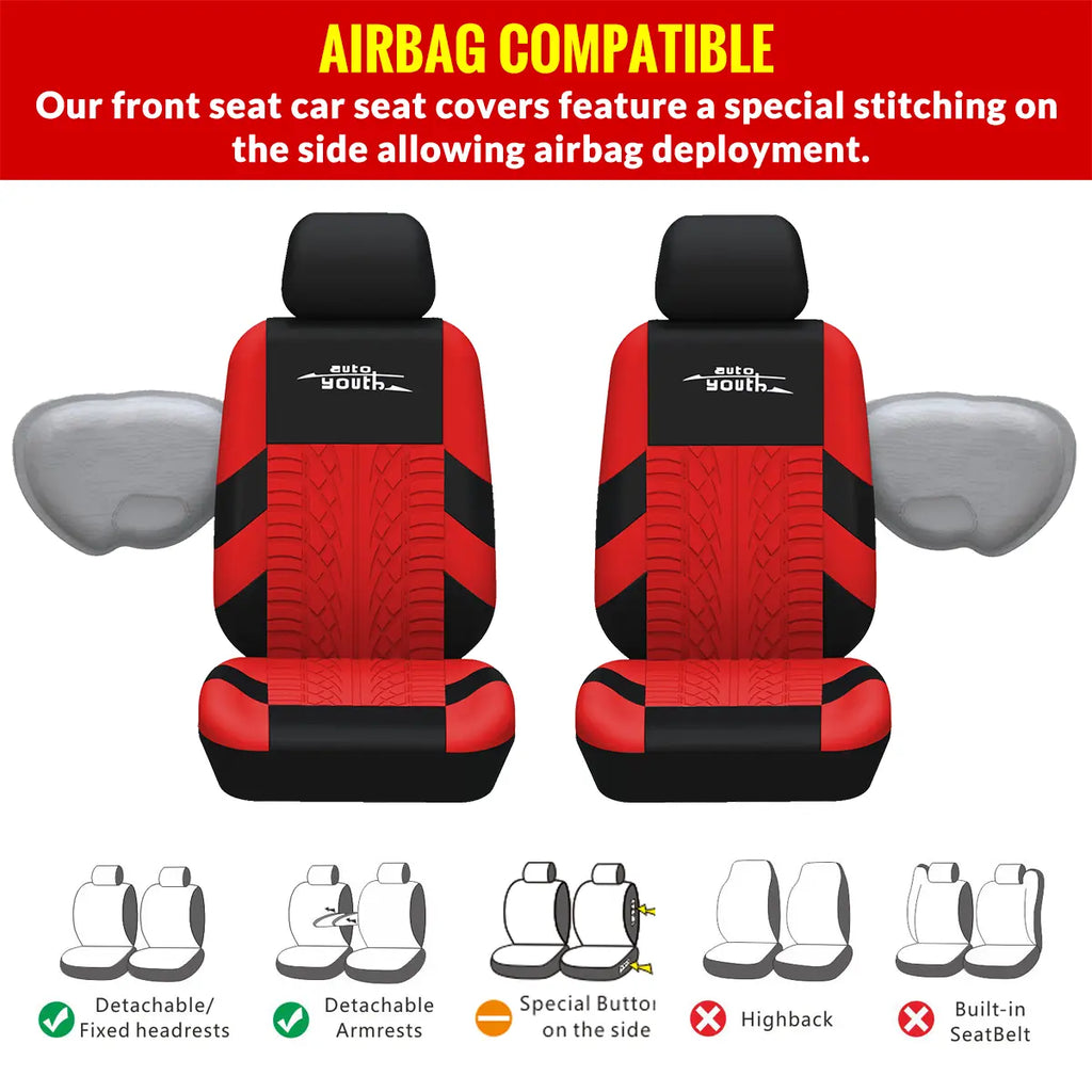 TOYOUN Universal 5 Seater Car Seat Cover Fabric Front & Rear Protector with Tire Track Detail Airbag Compatible Interior Accessories for Cars Trucks Suvs Vans Red Black Design