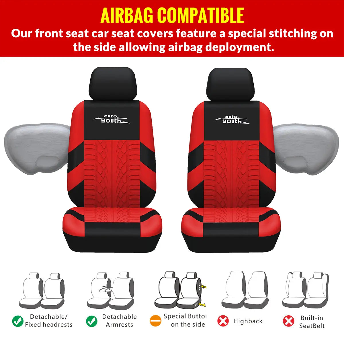 TOYOUN Universal 5 Seater Car Seat Cover Fabric Front & Rear Protector with Tire Track Detail Airbag Compatible Interior Accessories for Cars Trucks Suvs Vans Red Black Design