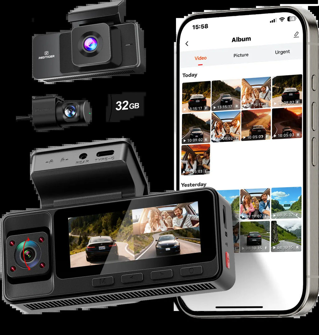 【Fathersdaygift】Redtiger A3 3 Channel Wifi Dash Cam Front and Rear inside with 32G SD Card( No SD Card Option in a Better Deal ), 2.5K+1080P+1080P Car Dash Camera for Carsfront and Rear, G-Sensor, 24H Parking Mode, Car Rvibe, Car VLOG, Summervibes Summerv