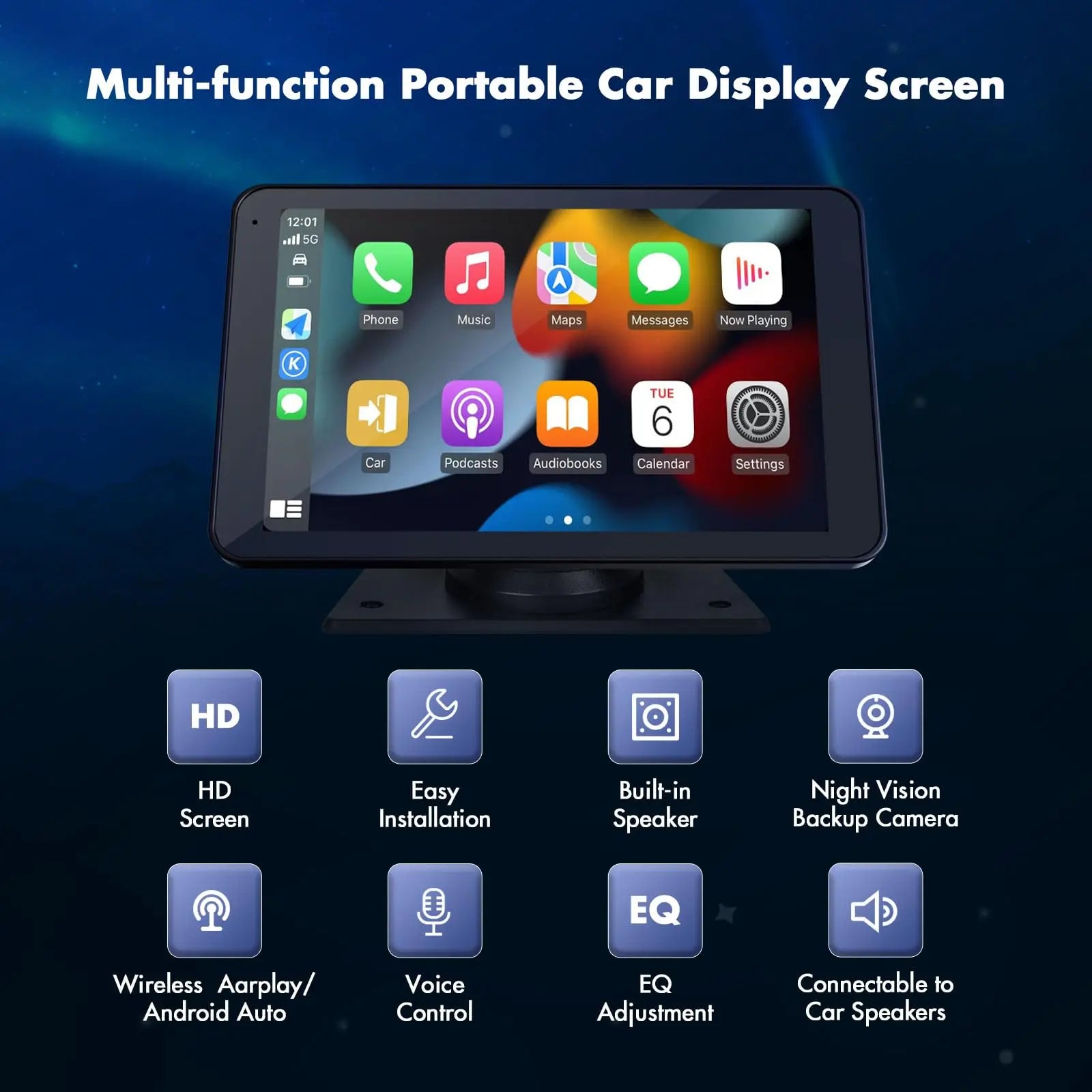 【Hieha】2026 Newest Portable Carplay Screen for Car, 7 Inch IPS Touchscreen Car Stereo Support Wireless Carplay & Android Auto, Mirror Link, GPS Navigation, Bluetooth 5.2, Backup Camera, AUX,FM Transmitter