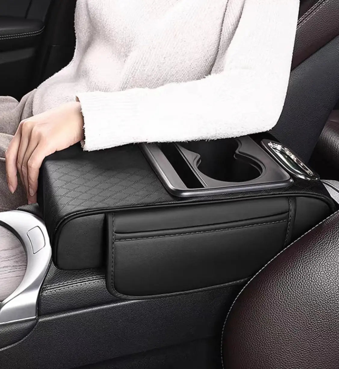 Car Armrest Cushion,5-In-1 Center Console Cover with 2 Storage Bags Cup Holder, Tissue Box Slot, Phone Slot for Sedans, Car Accessories Interior Organizers (Black Red)