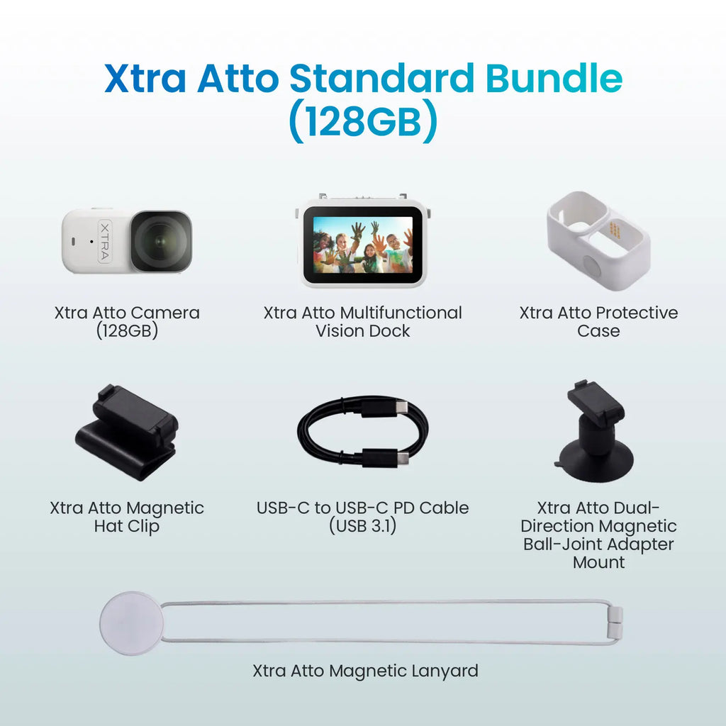 Xtra Atto Wearable 4K Action Camera, 54 G, Light and Compact, 1/1.3″ Sensor, 4K/60Fps Video, 220‑Min Max Recording, 5-Min Pre-Recording, Built-In Stabilization, 128GB Storage, 600Mb/S Fast Transfer