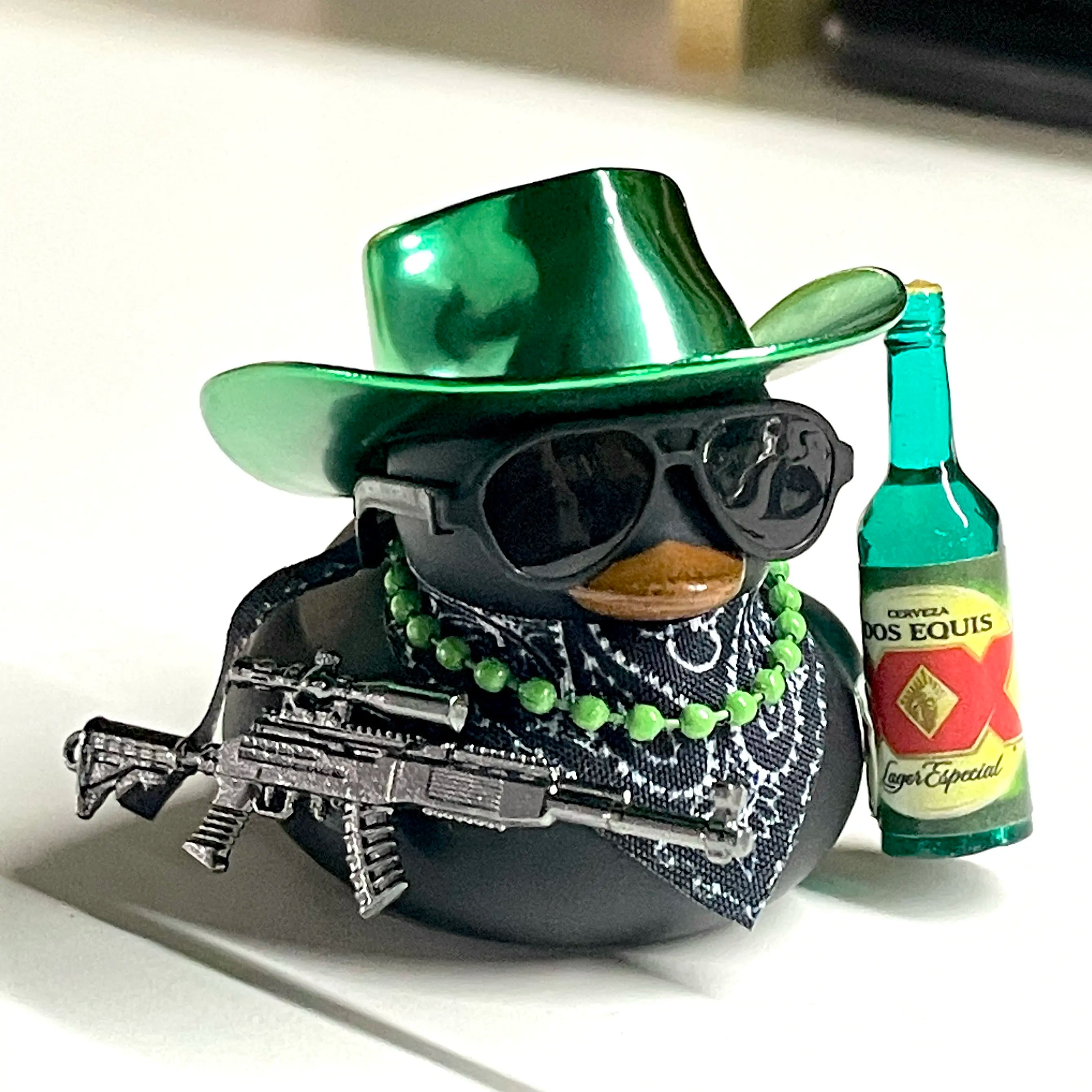 Black Cool Rubber Duck Car Accessories with Hat Sunglasses Gold Necklace Beer Gun DIY Assembly Dashboard Decoration