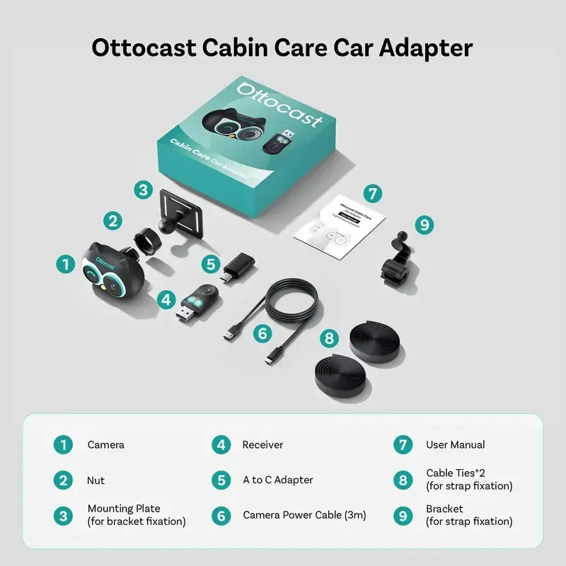 OTTOCAST Baby Camera for Car Wireless Carplay Adapter, 1080P HD Car Screen Display Rear Seat Monitor, 150° Wide Angle, No-Glow Night Vision, Safety for Kids & Infants