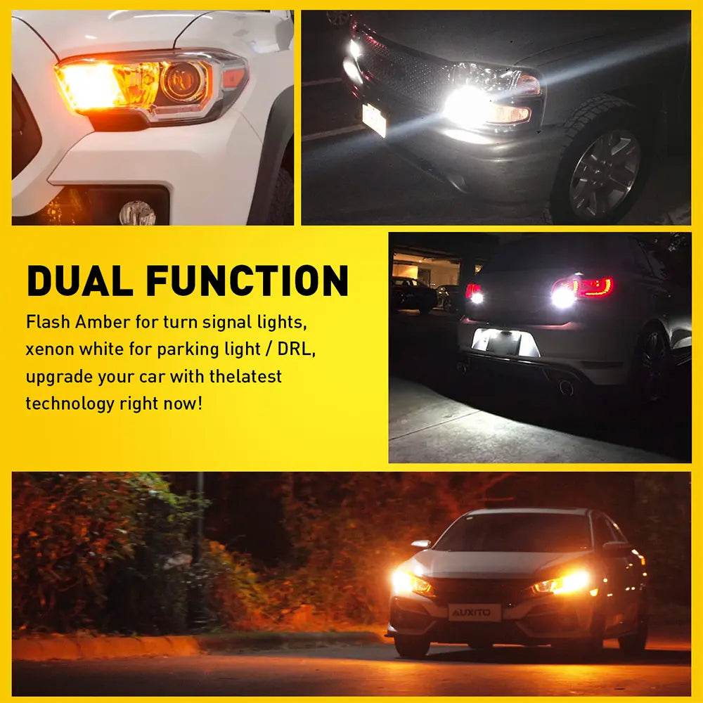 AUXITO Latest CANBUS 7443 3157 1157 Switchback LED Bulbs 7443A 7444NA T20 3057 3457 2357 Dual Color Amber/White anti Hyper Flash Built-In Resistor Error Free Turn Signal Lights and Drl/Parking Lights, Pack of 2