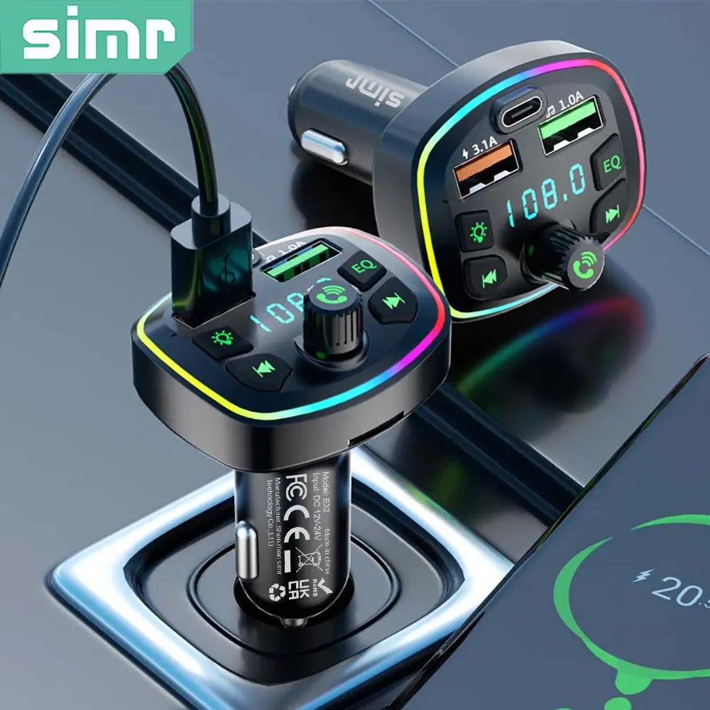 Simr E32 Multifunctional Car FM Transmitter, Bluetooth (BT) FM Transmitter & Wireless Radio Universal Car Adapter Car Kit with Dual USB & Type-C Fast Charging Car Charger, MP3 Player, USB Flash Drive Support, Smart Car Audio Receiver