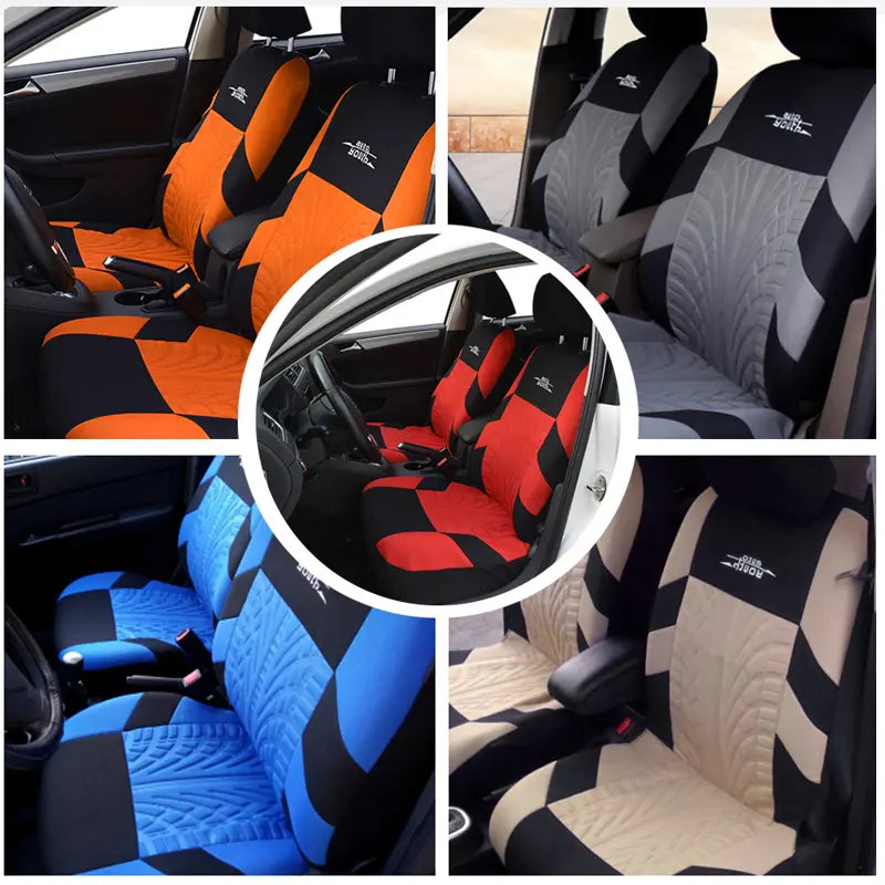 TOYOUN Universal 5 Seater Car Seat Cover Fabric Front & Rear Protector with Tire Track Detail Airbag Compatible Interior Accessories for Cars Trucks Suvs Vans Red Black Design
