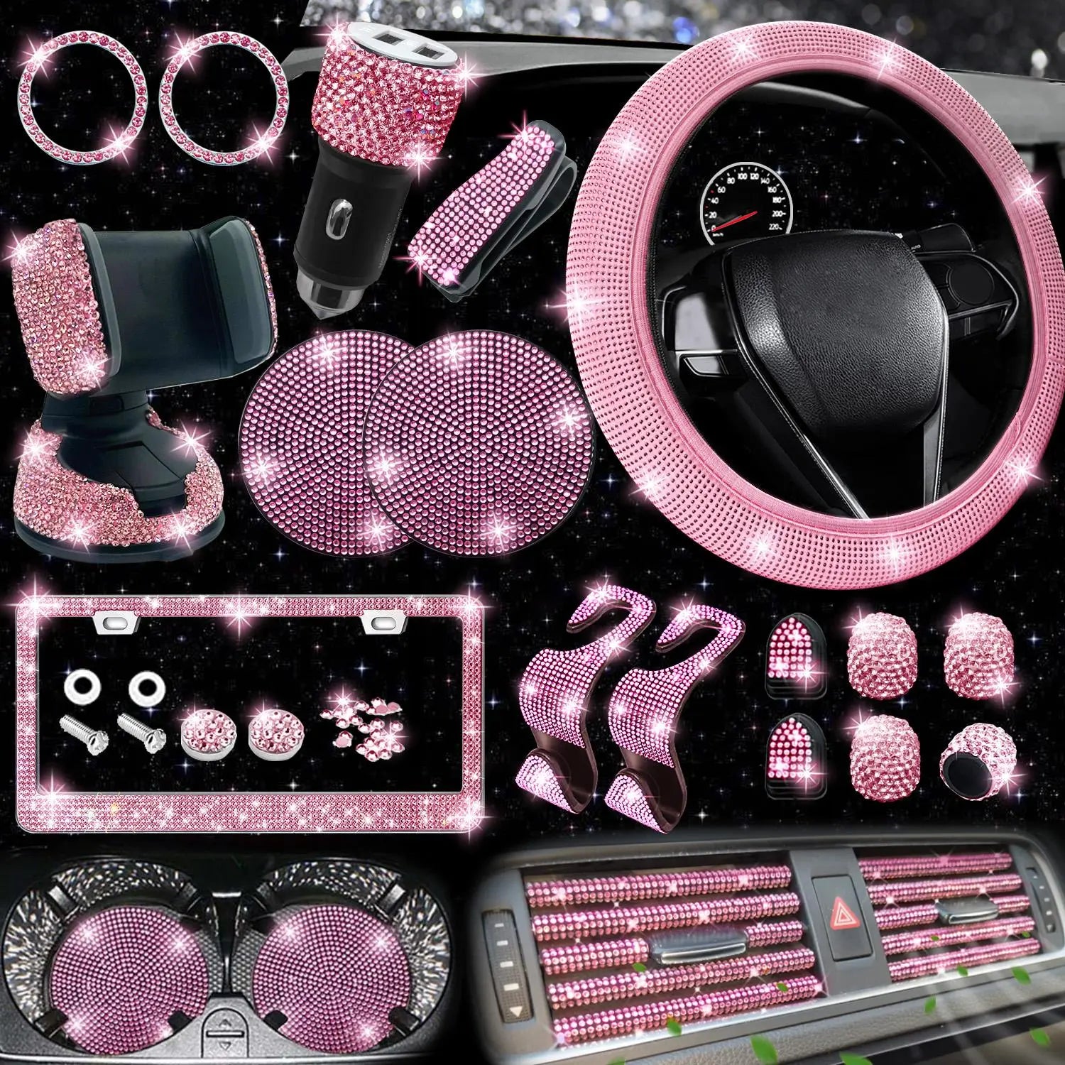 Rhinestone Car Decoration Set for Fall, Steering Wheel Cover & License Plate Frame & Coaster & Hook for BMW I8, Vehicle Automotive Accessories, Interior, Car Accessories