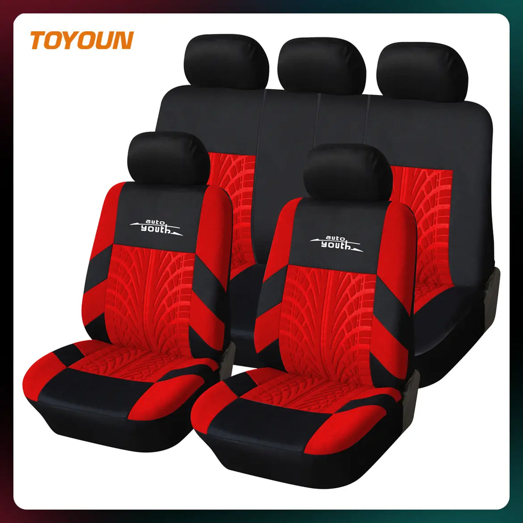 TOYOUN Universal 5 Seater Car Seat Cover Fabric Front & Rear Protector with Tire Track Detail Airbag Compatible Interior Accessories for Cars Trucks Suvs Vans Red Black Design