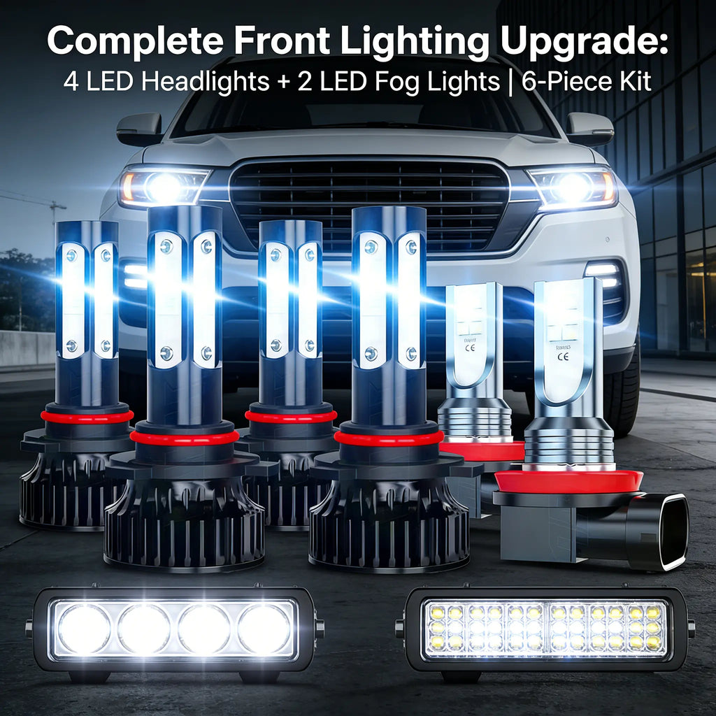 Professional Grade 6Pcs LED Headlight & Fog Light Bulb Combo 6000-6500K Super Bright White Light Fit for Most Cars SUV Trucks Easy Installation No Battery Needed