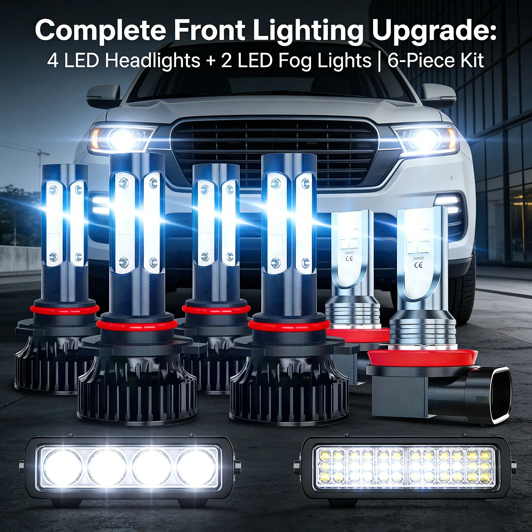 Professional Grade 6Pcs LED Headlight & Fog Light Bulb Combo 6000-6500K Super Bright White Light Fit for Most Cars SUV Trucks Easy Installation No Battery Needed