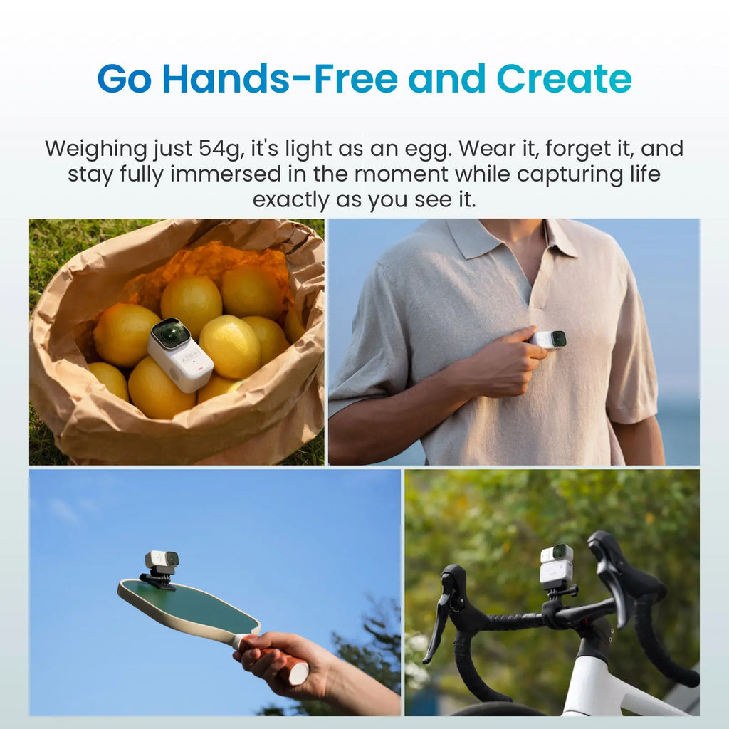 Xtra Atto Wearable 4K Action Camera, 54 G, Light and Compact, 1/1.3″ Sensor, 4K/60Fps Video, 220‑Min Max Recording, 5-Min Pre-Recording, Built-In Stabilization, 128GB Storage, 600Mb/S Fast Transfer