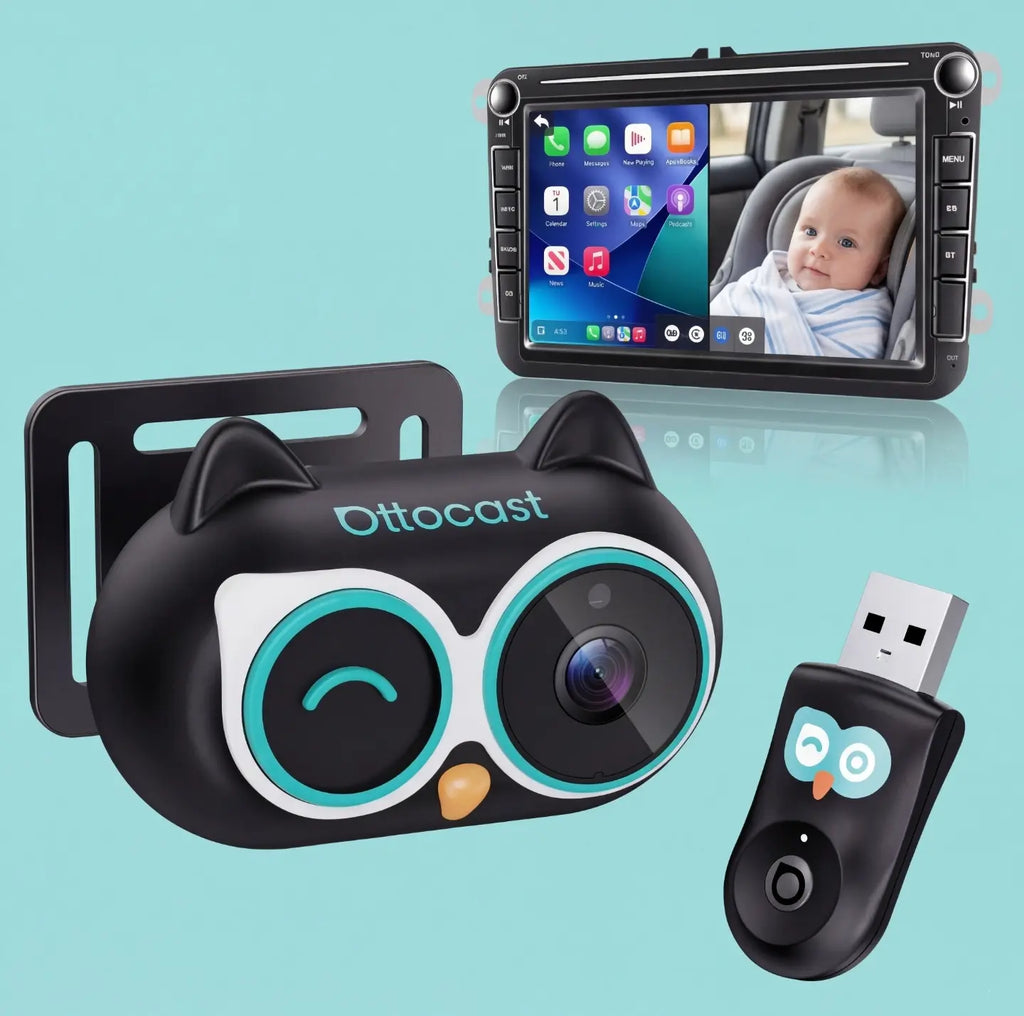 OTTOCAST Baby Camera for Car Wireless Carplay Adapter, 1080P HD Car Screen Display Rear Seat Monitor, 150° Wide Angle, No-Glow Night Vision, Safety for Kids & Infants
