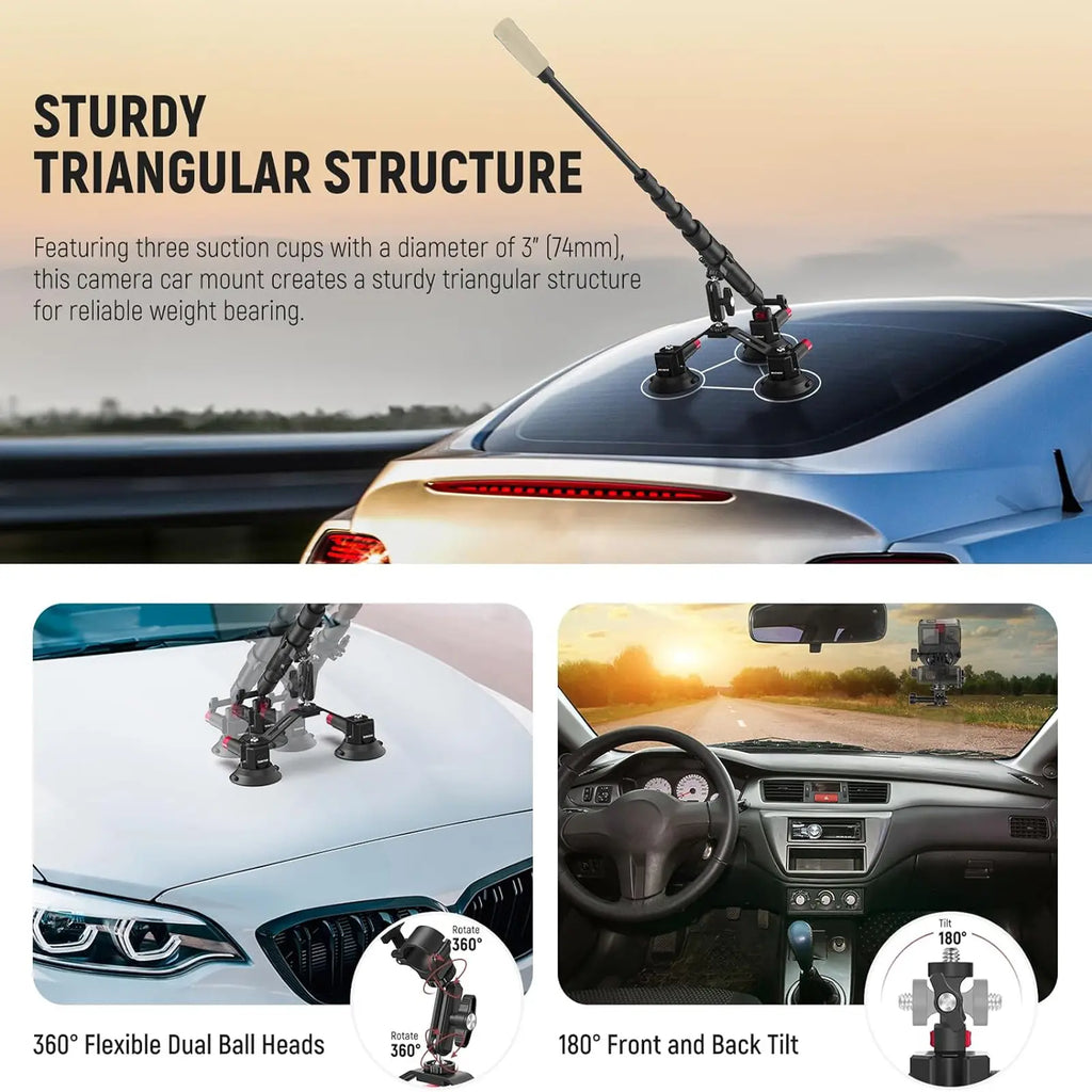 NEEWER CA065 Triple Suction Cup Car Mount for Camera & Action Camera, Windshield Suction Mount for Gopro, DJI Osmo Action for POV Driving, Filming & Content Creation, Mothersdaygift