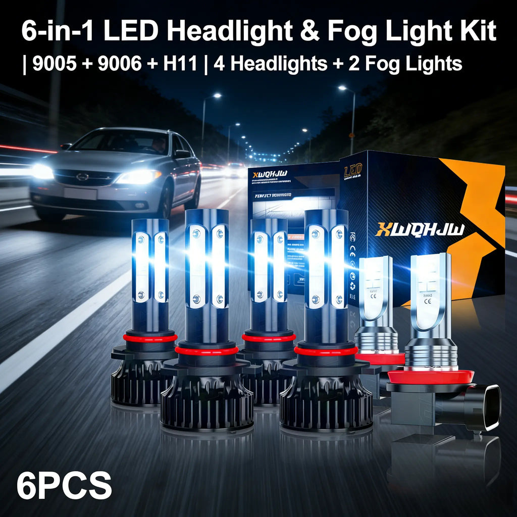 Professional Grade 6-Piece LED Headlight & Fog Light Bulb Combo Car Accessories, 6000-6500K Super Bright White Light, Easy Installation, Fit for Most Cars Suvs Trucks Heavy Duty Hybrid Tire Inflator Kit