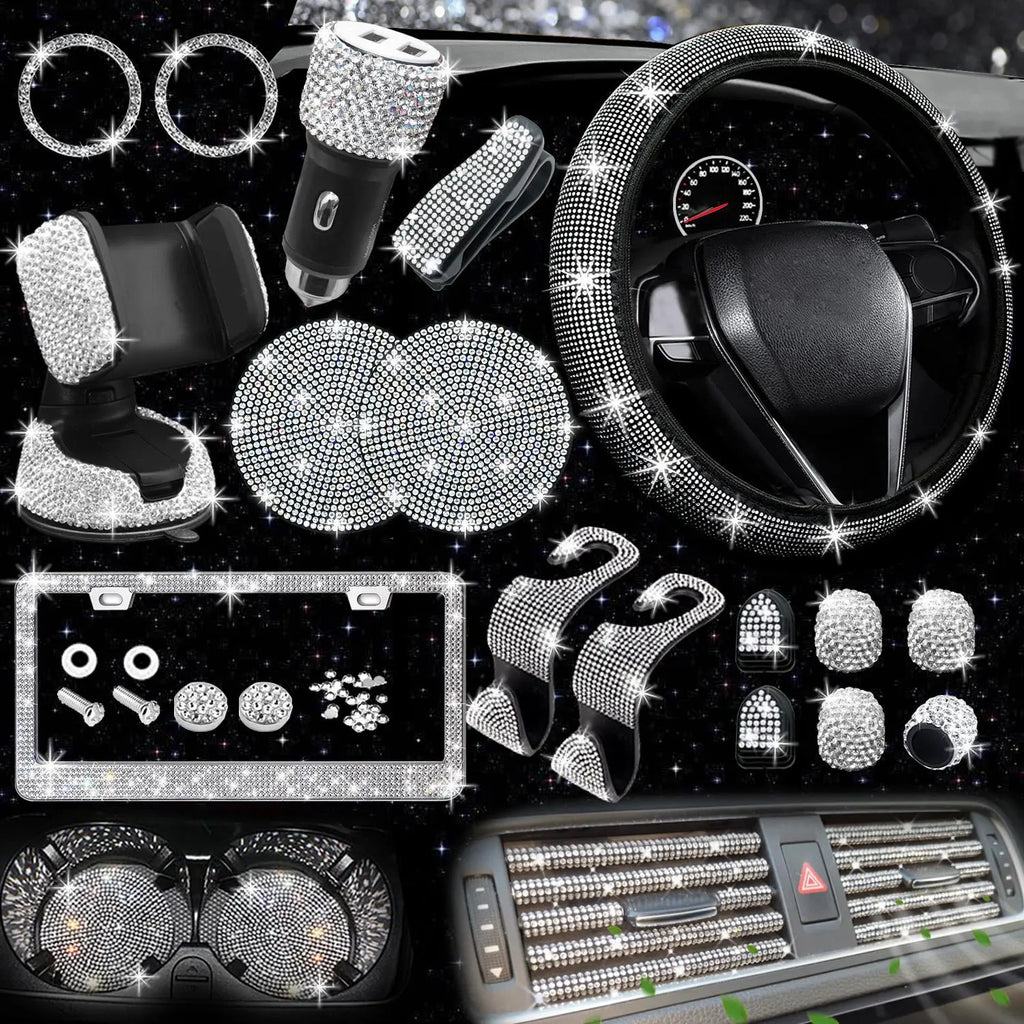 Rhinestone Car Decoration Set for Fall, Steering Wheel Cover & License Plate Frame & Coaster & Hook for BMW I8, Vehicle Automotive Accessories, Interior, Car Accessories