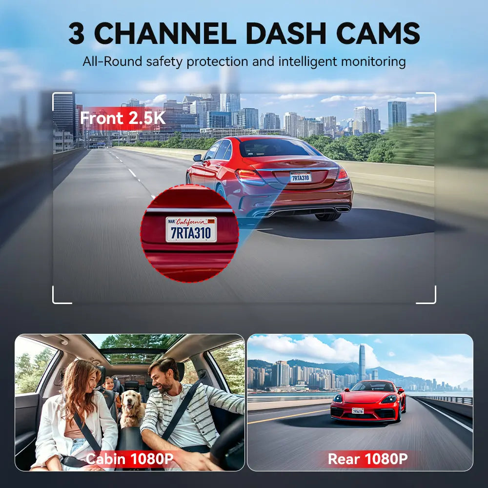 【Fathersdaygift】Redtiger A3 3 Channel Wifi Dash Cam Front and Rear inside with 32G SD Card( No SD Card Option in a Better Deal ), 2.5K+1080P+1080P Car Dash Camera for Carsfront and Rear, G-Sensor, 24H Parking Mode, Car Rvibe, Car VLOG, Summervibes Summerv