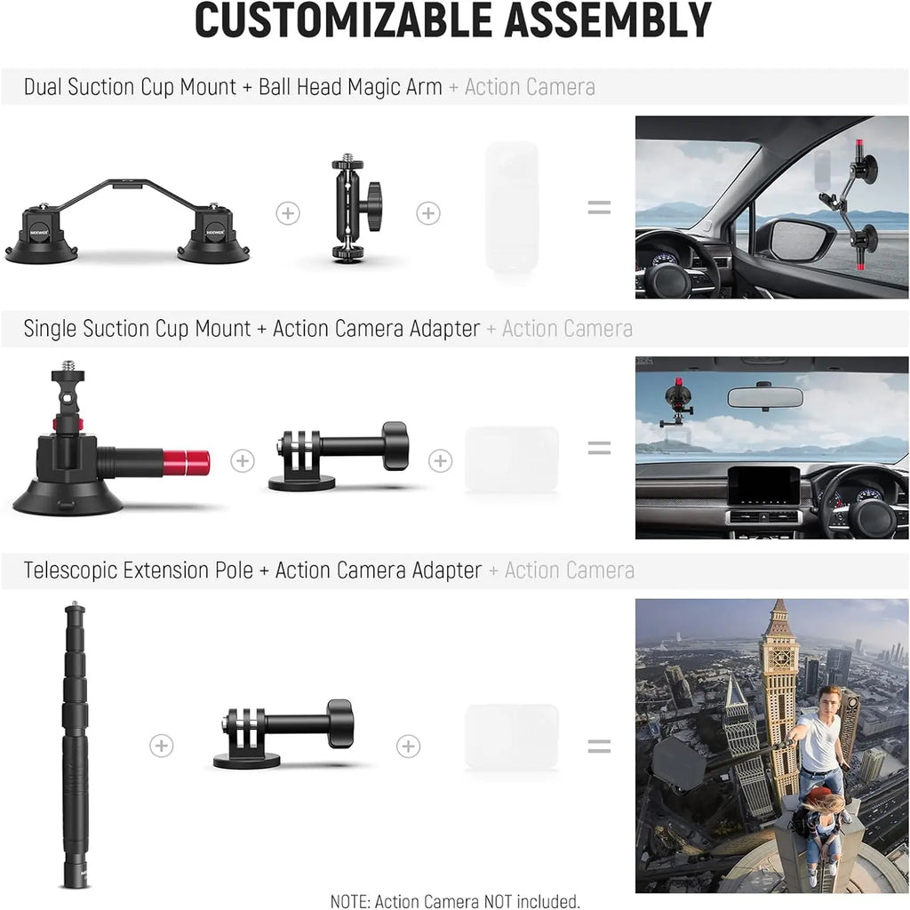 NEEWER CA065 Triple Suction Cup Car Mount for Camera & Action Camera, Windshield Suction Mount for Gopro, DJI Osmo Action for POV Driving, Filming & Content Creation, Mothersdaygift