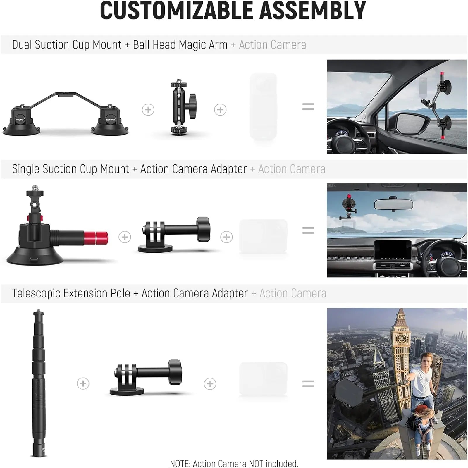 NEEWER CA065 Triple Suction Cup Car Mount for Camera & Action Camera, Windshield Suction Mount for Gopro, DJI Osmo Action for POV Driving, Filming & Content Creation, Mothersdaygift