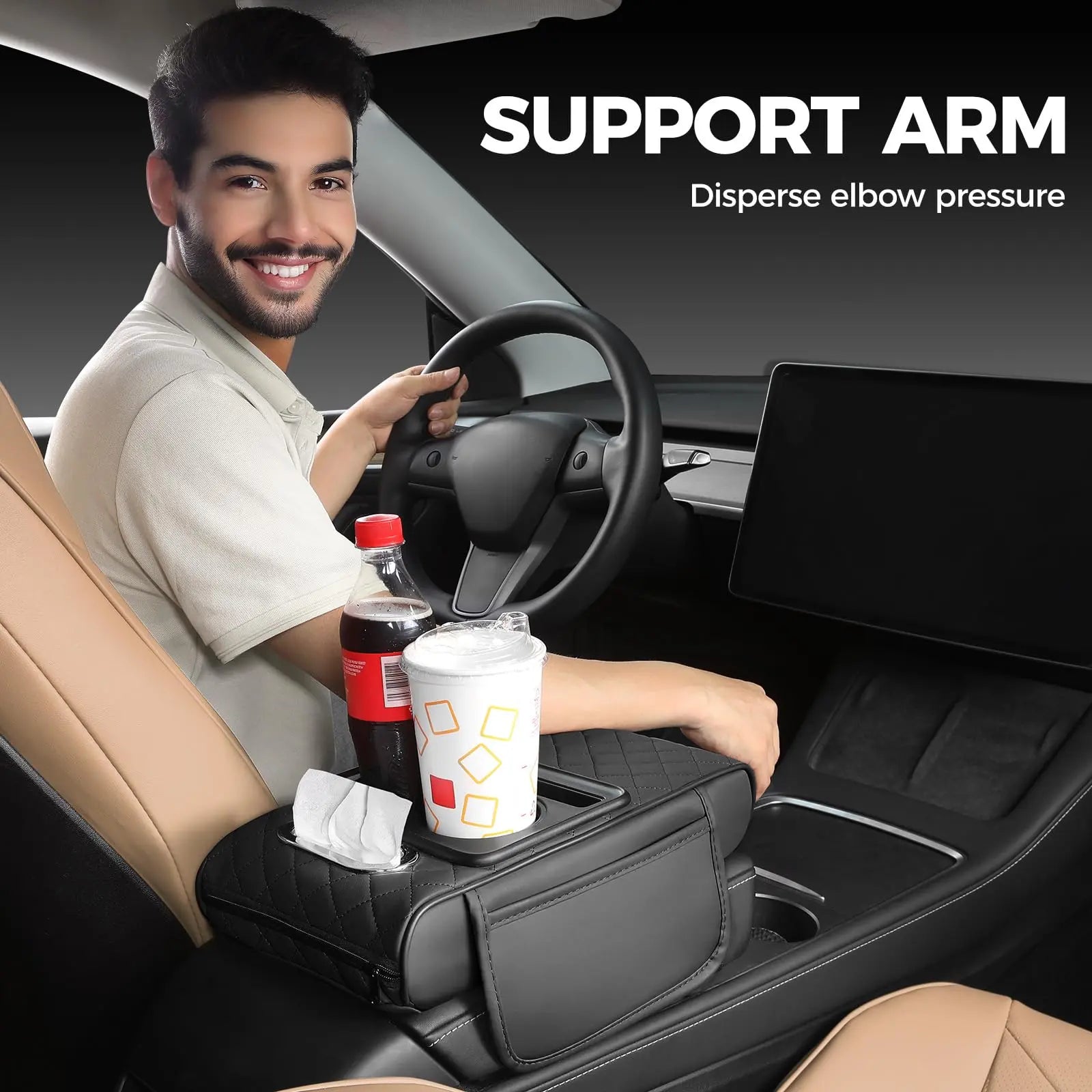Car Armrest Cushion,5-In-1 Center Console Cover with 2 Storage Bags Cup Holder, Tissue Box Slot, Phone Slot for Sedans, Car Accessories Interior Organizers (Black Red)