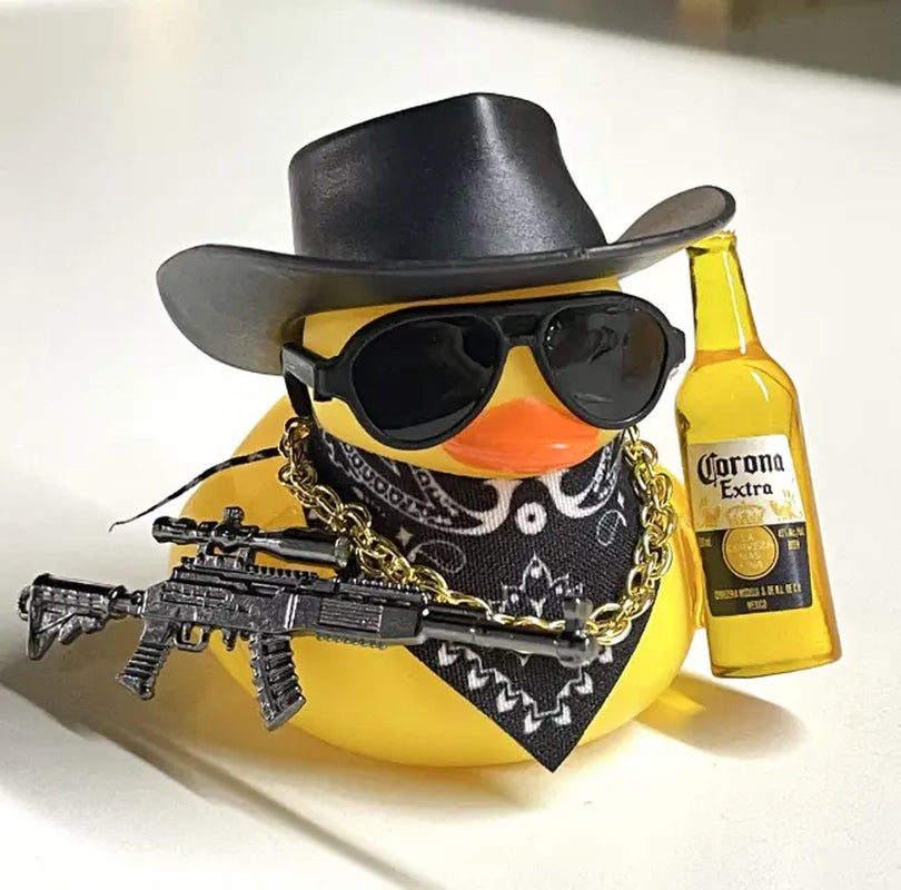 Black Cool Rubber Duck Car Accessories with Hat Sunglasses Gold Necklace Beer Gun DIY Assembly Dashboard Decoration