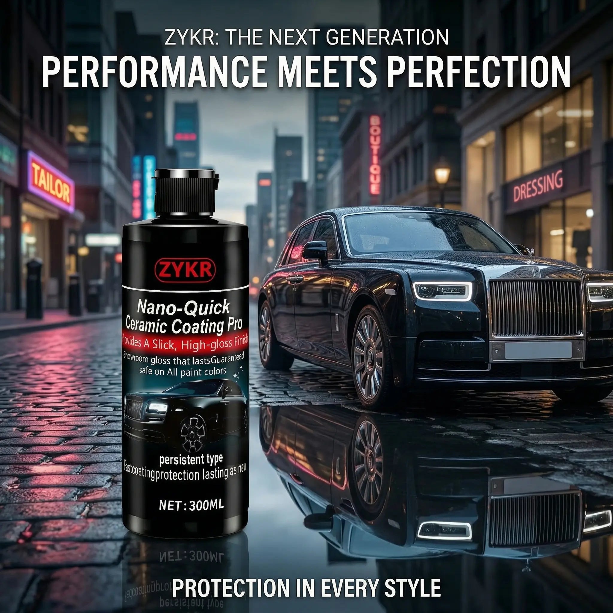 ZYKR Automotive Nano-Ceramic Coating Product Utilizes Advanced Ceramic Technology, Offering Dust-Proof and Water-Repellent Properties as Well as Long-Lasting Luster. Capacity: 300 Milliliters.