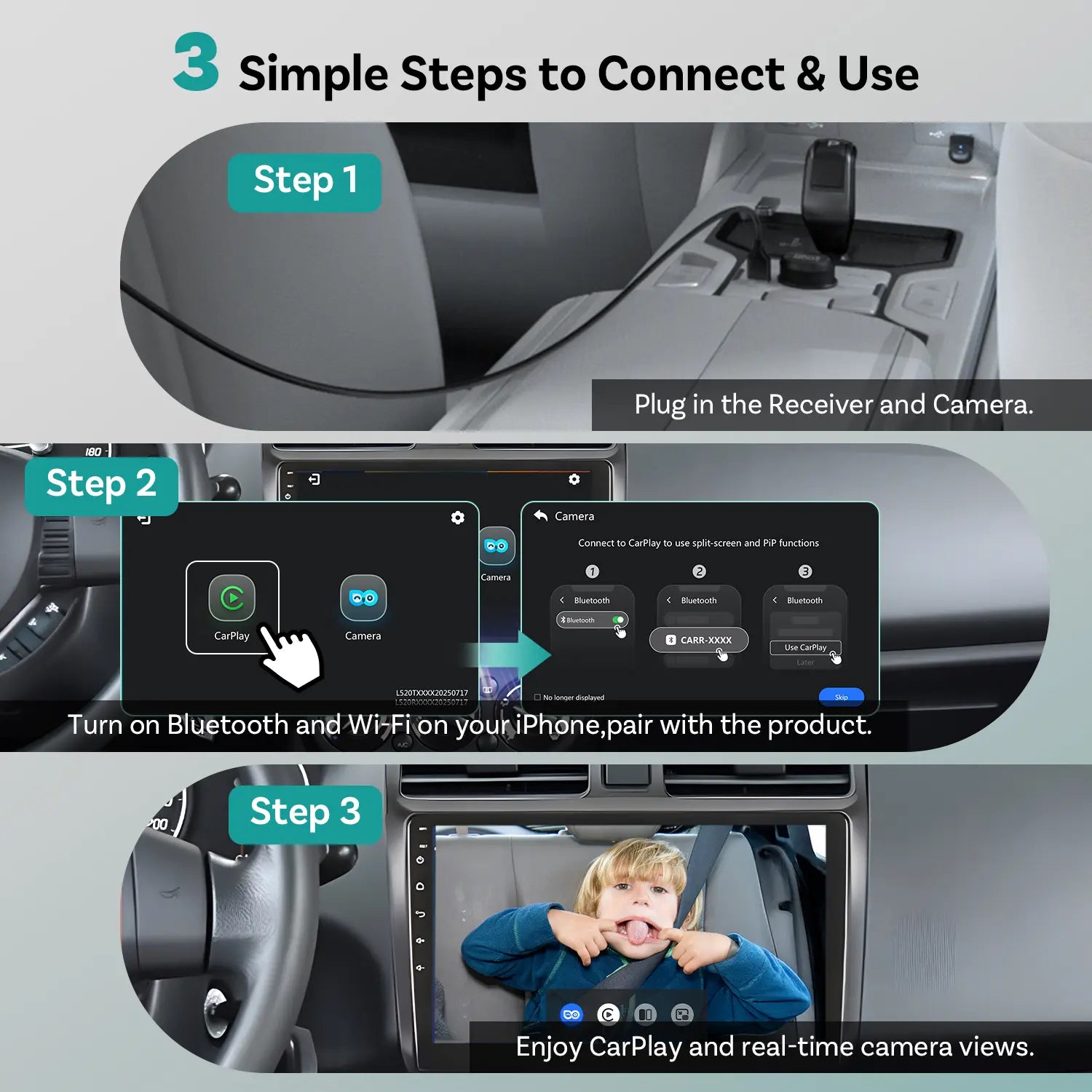 OTTOCAST Baby Car Camera &Wireless Carplay Adapter,1080P HD Rear Seat Monitor Display on Car Screen,150°Wide Angle No-Glow Night View, Safety for Kids & Infants