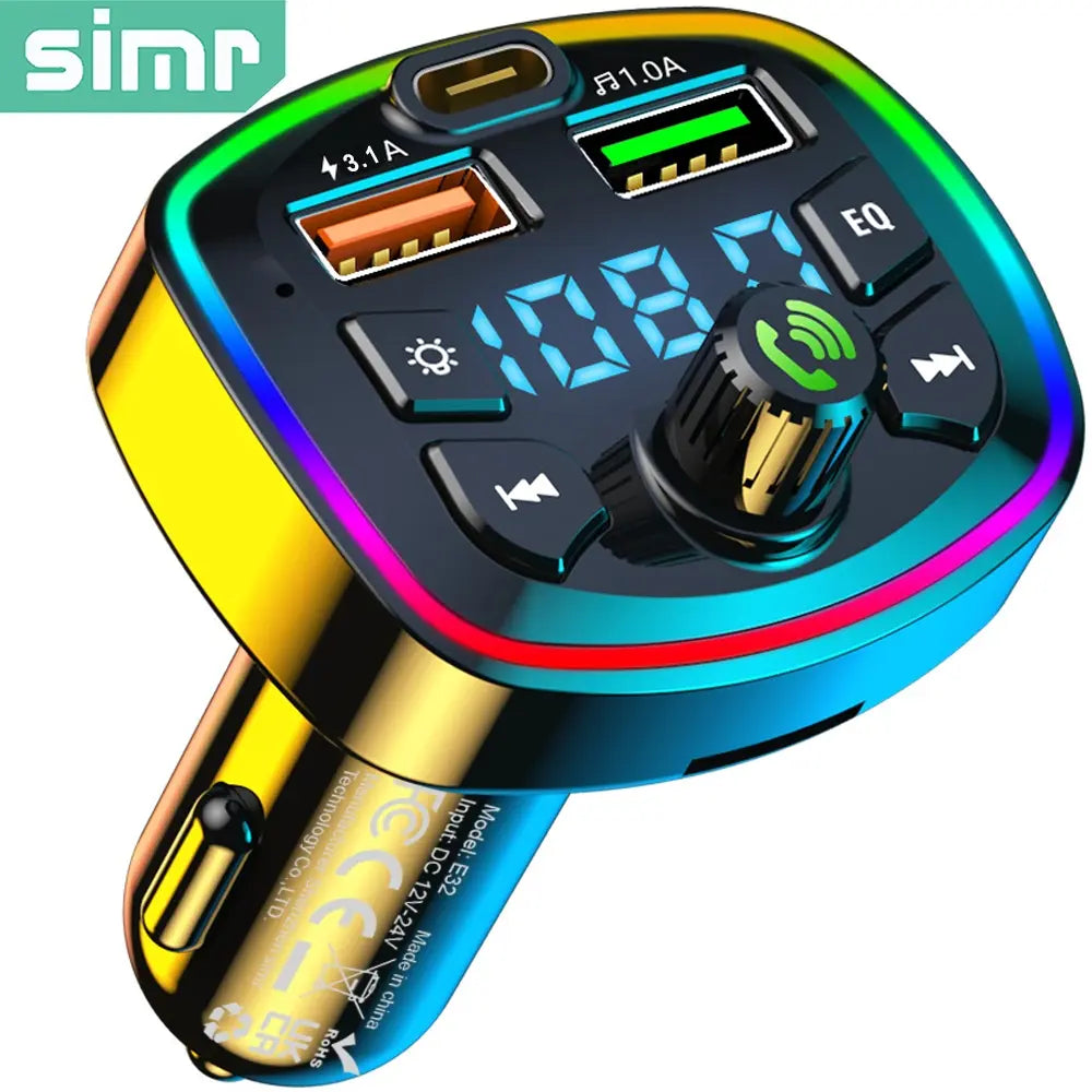 Simr E32 Multifunctional Car FM Transmitter, Bluetooth (BT) FM Transmitter & Wireless Radio Universal Car Adapter Car Kit with Dual USB & Type-C Fast Charging Car Charger, MP3 Player, USB Flash Drive Support, Smart Car Audio Receiver