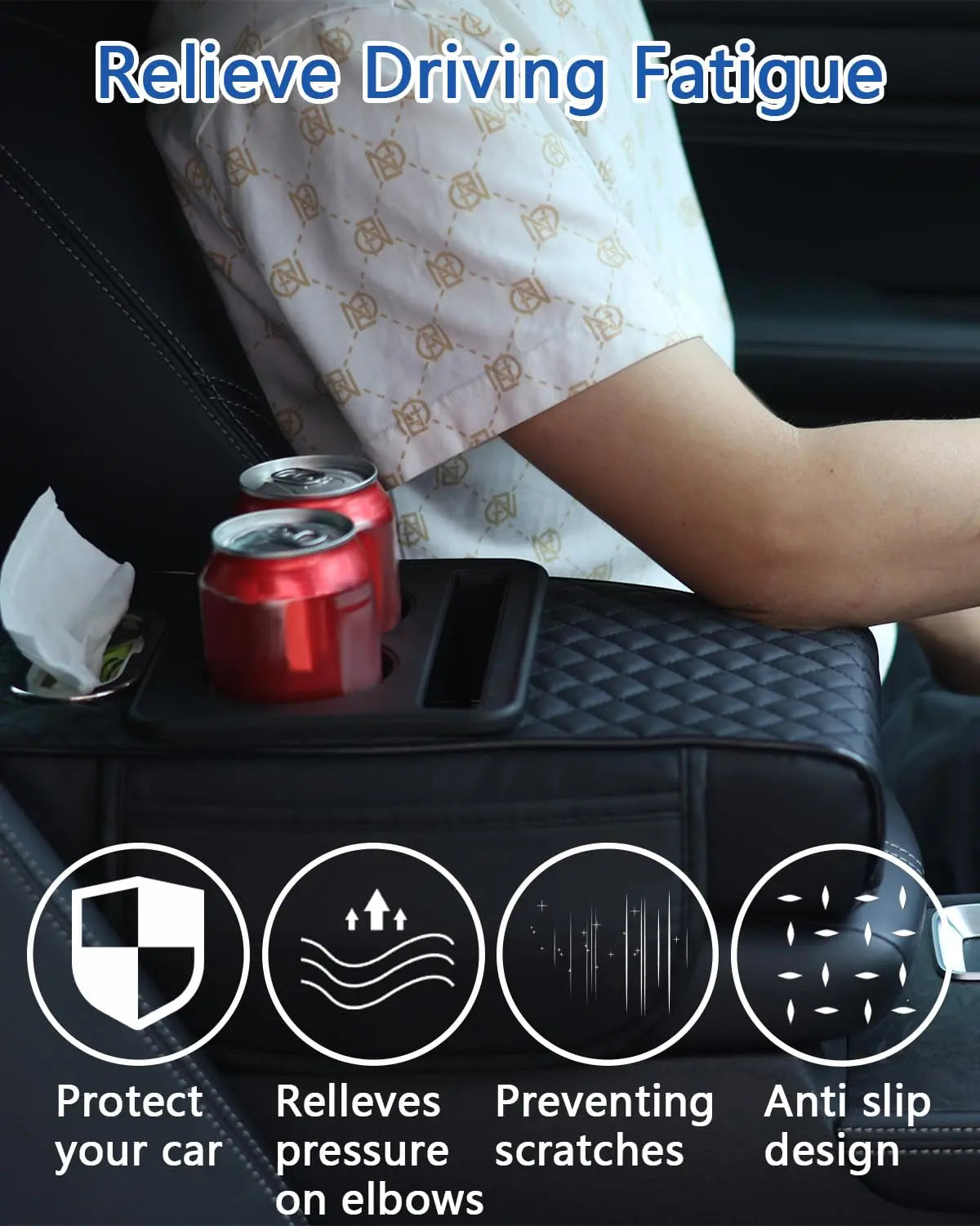 Car Armrest Cushion,5-In-1 Center Console Cover with 2 Storage Bags Cup Holder, Tissue Box Slot, Phone Slot for Sedans, Car Accessories Interior Organizers (Black Red)