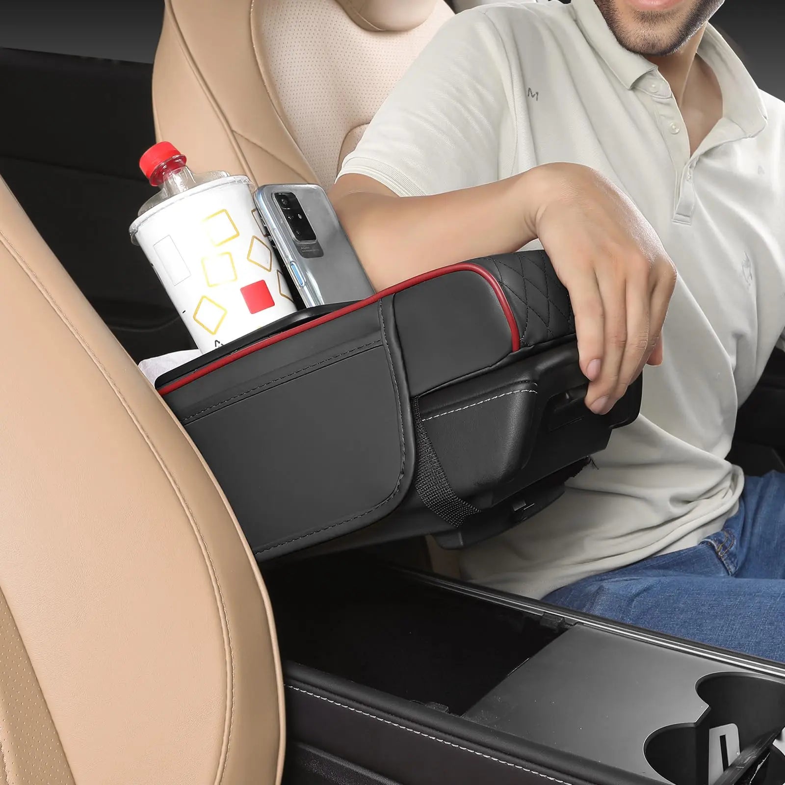 Car Armrest Cushion,5-In-1 Center Console Cover with 2 Storage Bags Cup Holder, Tissue Box Slot, Phone Slot for Sedans, Car Accessories Interior Organizers (Black Red)