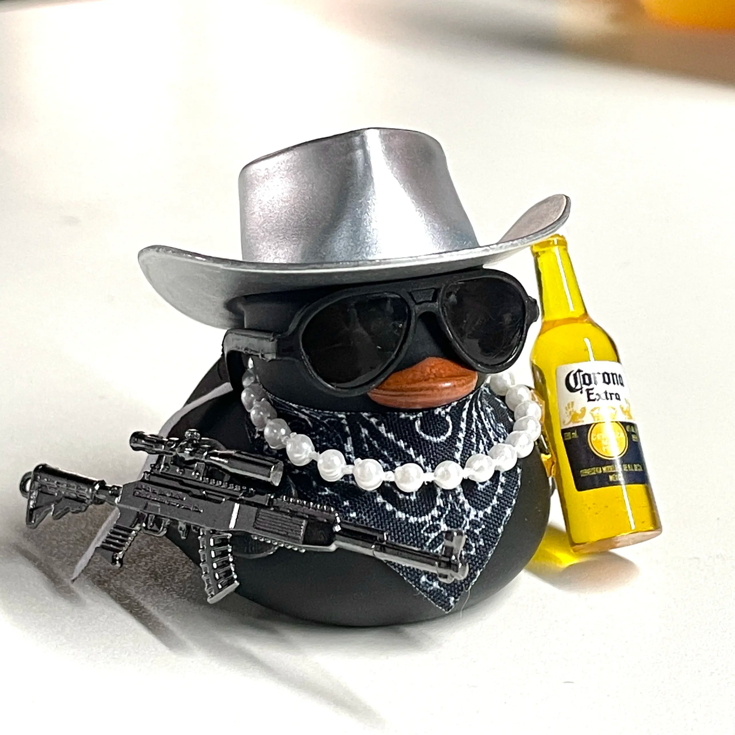Black Cool Rubber Duck Car Accessories with Hat Sunglasses Gold Necklace Beer Gun DIY Assembly Dashboard Decoration