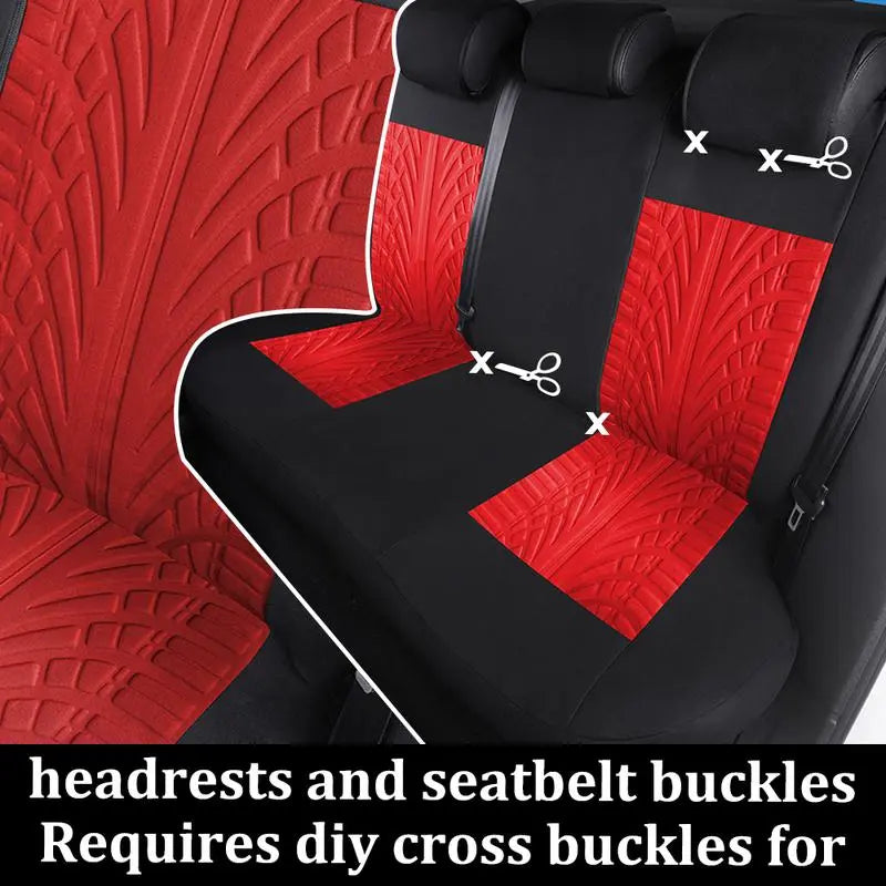 TOYOUN Universal 5 Seater Car Seat Cover Fabric Front & Rear Protector with Tire Track Detail Airbag Compatible Interior Accessories for Cars Trucks Suvs Vans Red Black Design