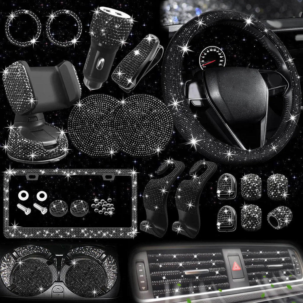 Rhinestone Car Decoration Set for Fall, Steering Wheel Cover & License Plate Frame & Coaster & Hook for BMW I8, Vehicle Automotive Accessories, Interior, Car Accessories