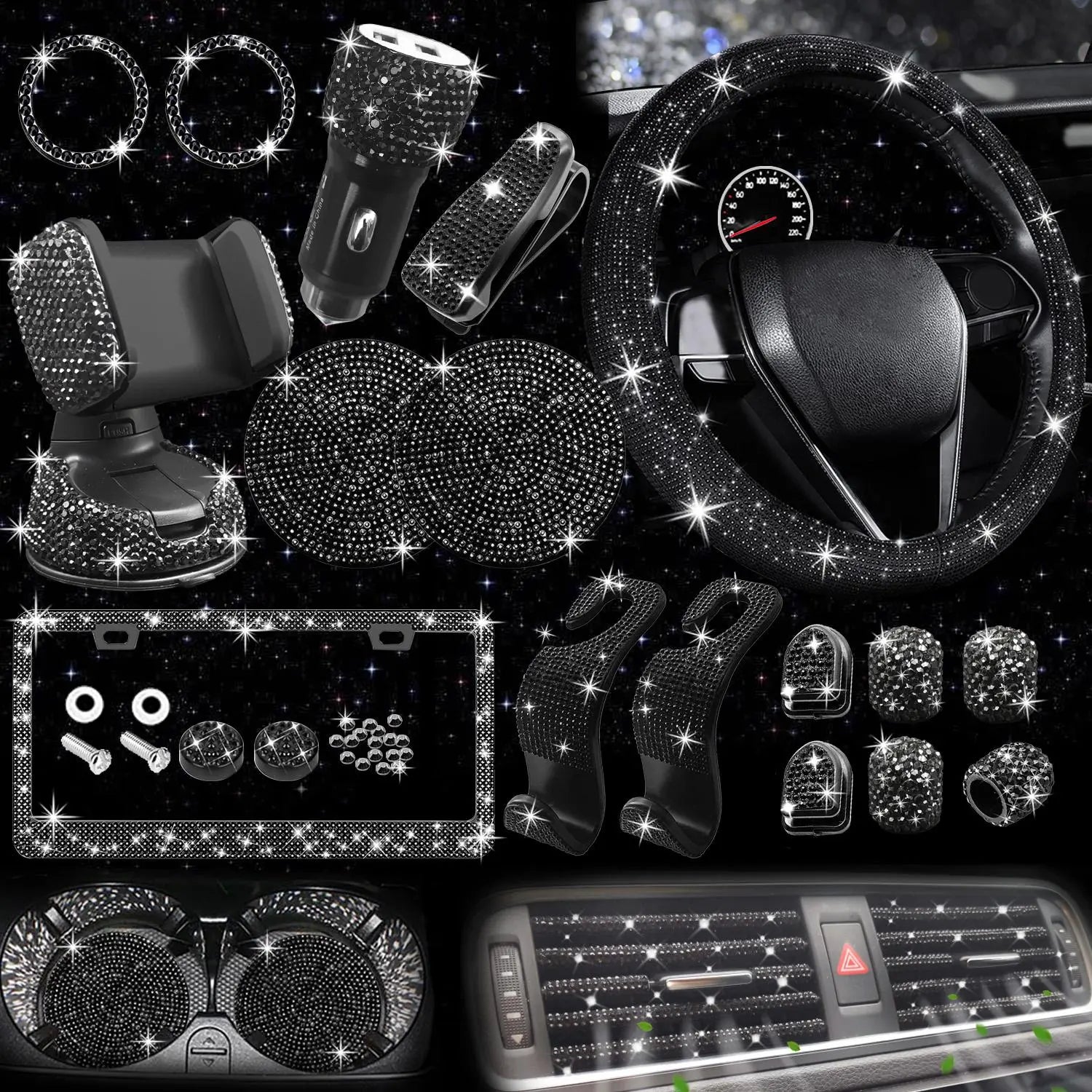 Rhinestone Car Decoration Set for Fall, Steering Wheel Cover & License Plate Frame & Coaster & Hook for BMW I8, Vehicle Automotive Accessories, Interior, Car Accessories