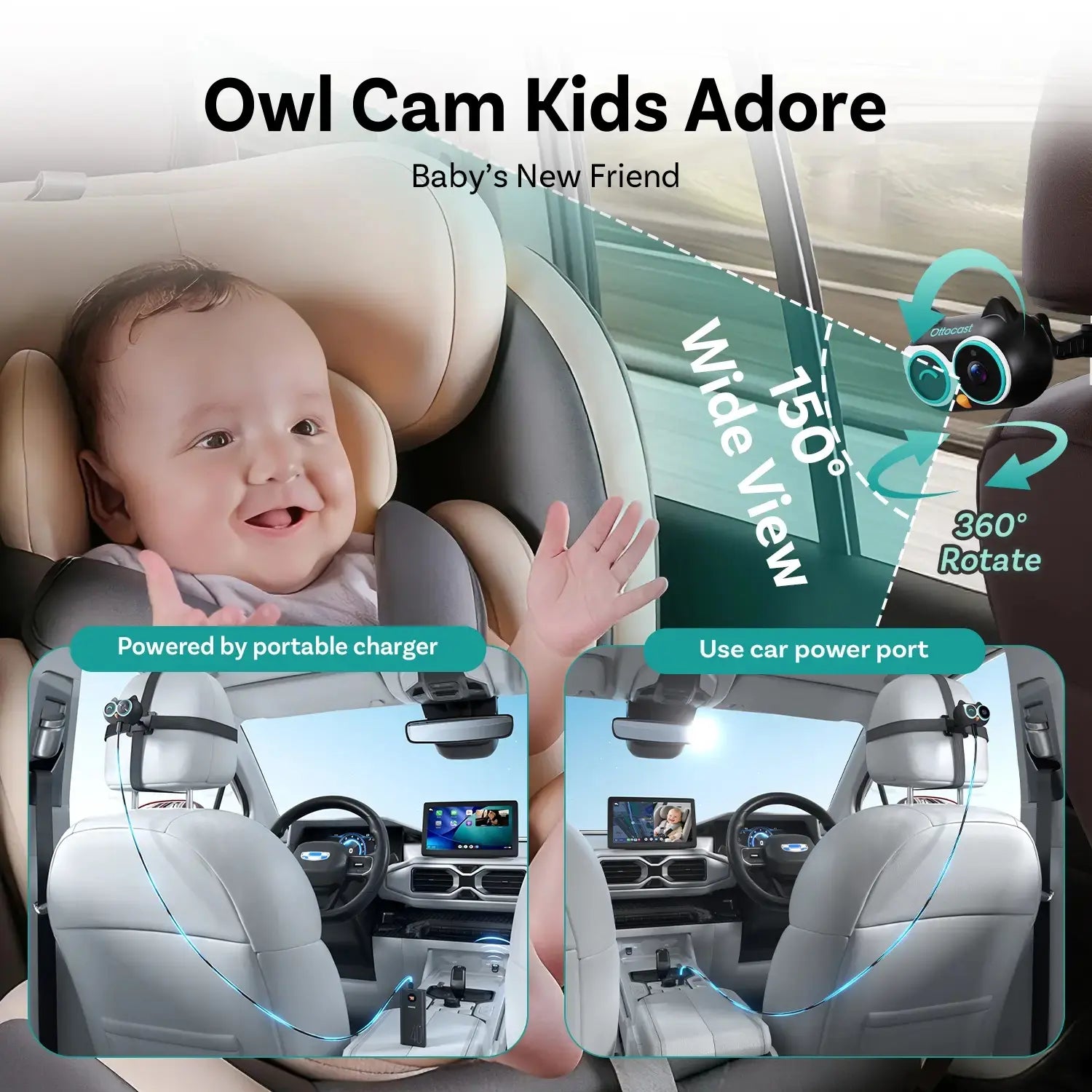 OTTOCAST Baby Camera for Car Wireless Carplay Adapter, 1080P HD Car Screen Display Rear Seat Monitor, 150° Wide Angle, No-Glow Night Vision, Safety for Kids & Infants