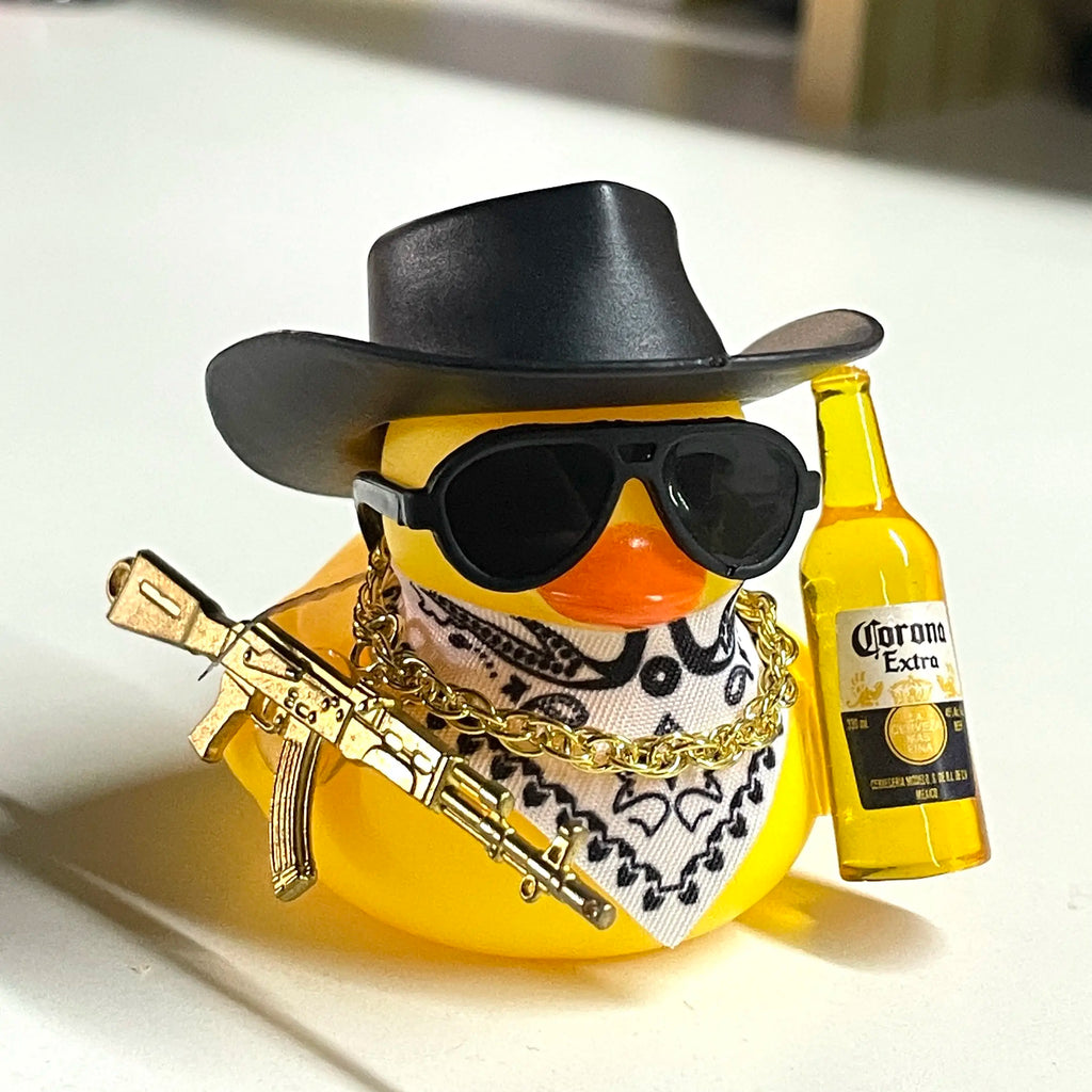 Black Cool Rubber Duck Car Accessories with Hat Sunglasses Gold Necklace Beer Gun DIY Assembly Dashboard Decoration