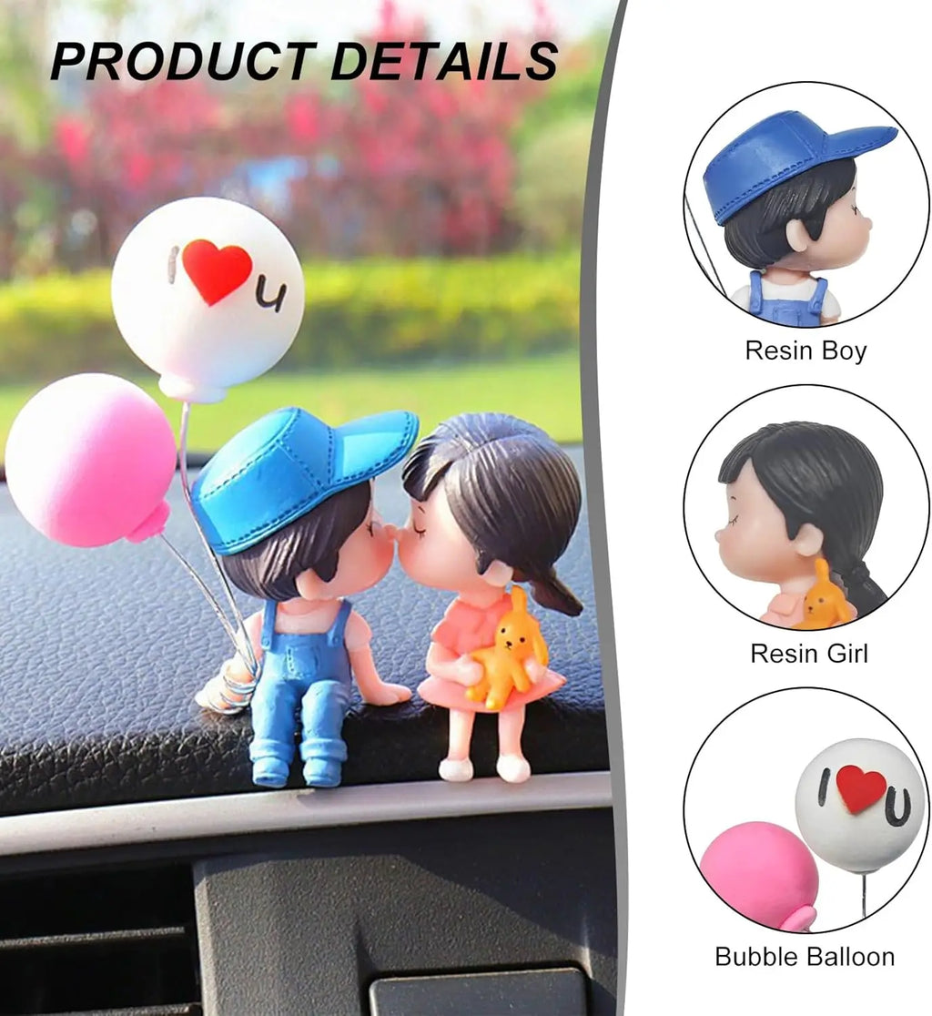 Cute Couple Car Dashboard Decorations, Lovely Couple Kiss Cartoon Figurines Car Ornament, Resin Material Boy Girl Car Interior Decoration with Balloon for Car Dashboard Gifts,Summervibes