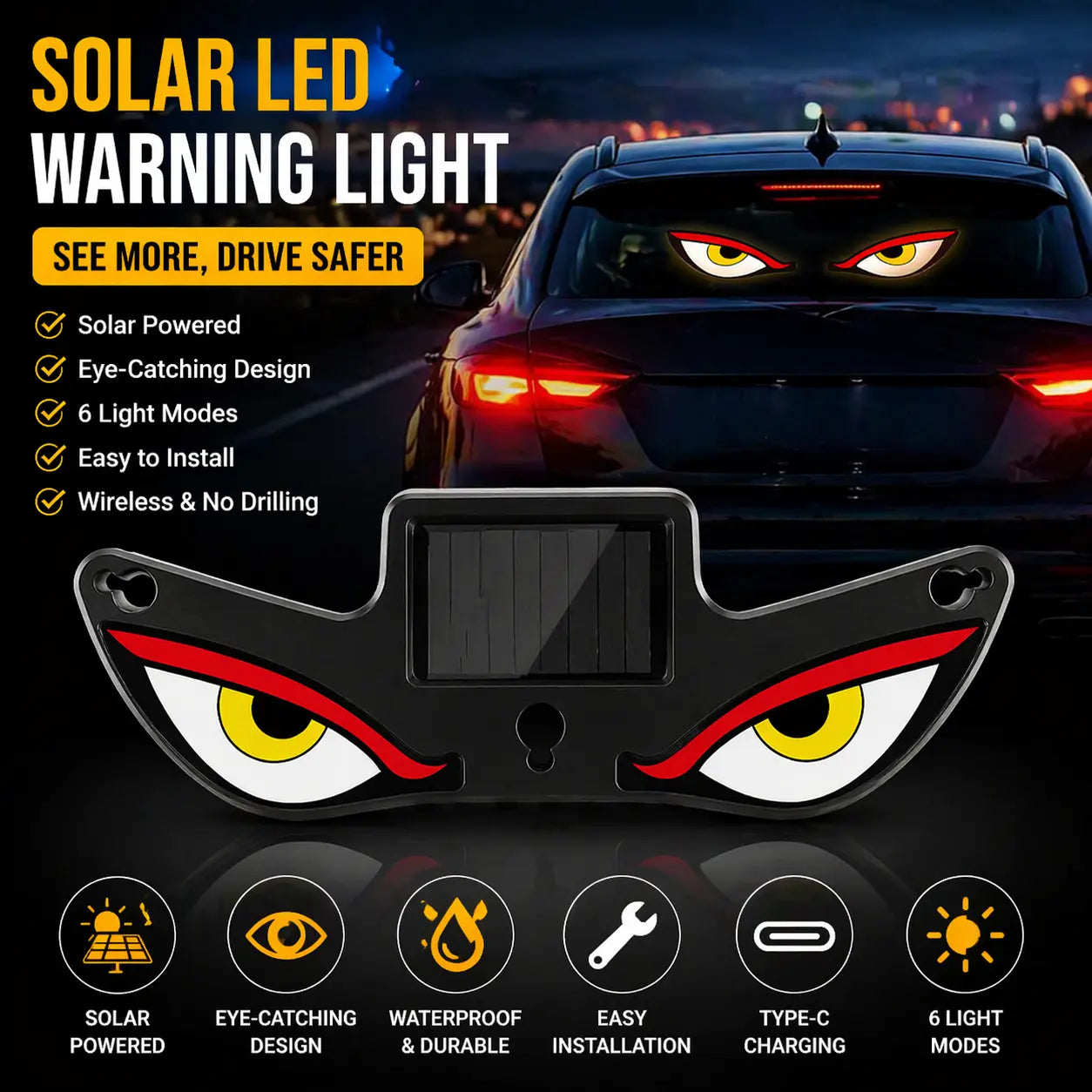 DIYCOM Dynamic LED Rear Window Display for Car – Vampire Devil Eye Emoji Panel, Scrolling Message Screen, USB Powered Night Driving Ambient Light, Cool Funny Auto Decor