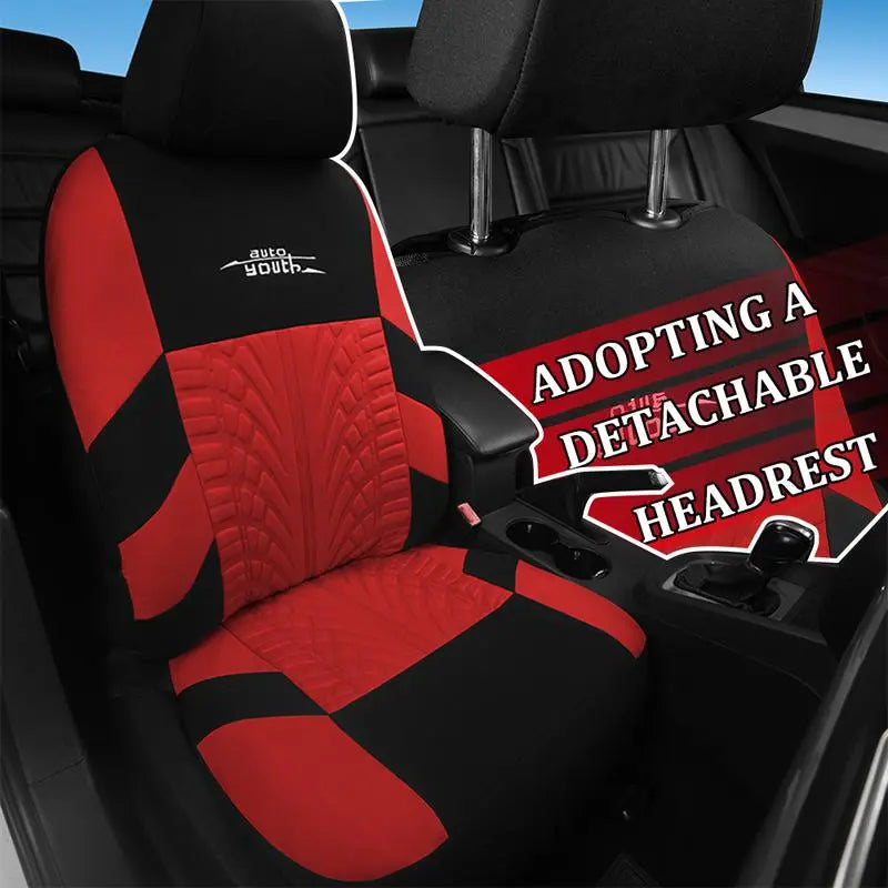 TOYOUN Universal 5 Seater Car Seat Cover Fabric Front & Rear Protector with Tire Track Detail Airbag Compatible Interior Accessories for Cars Trucks Suvs Vans Red Black Design