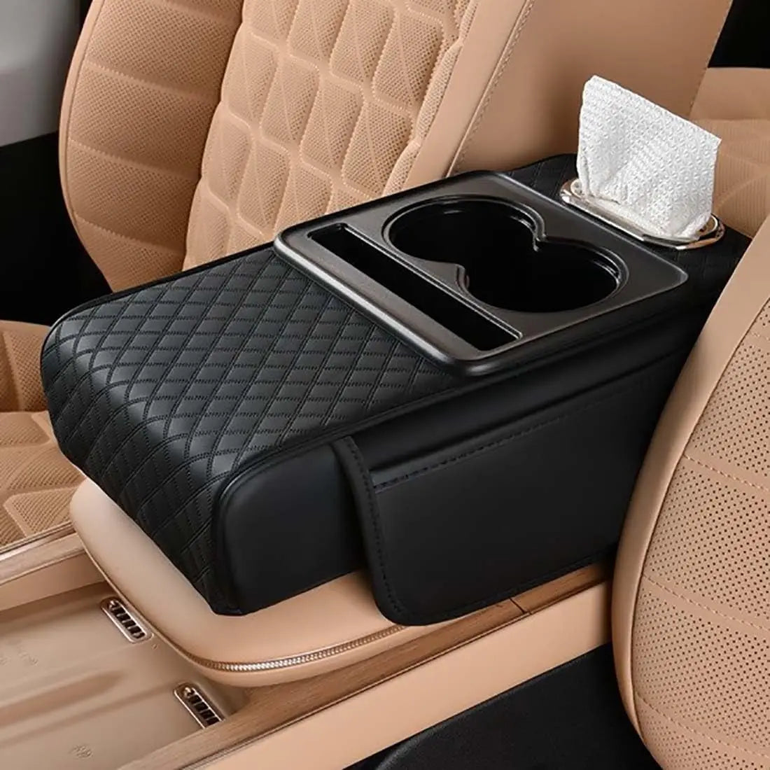 Car Armrest Cushion,5-In-1 Center Console Cover with 2 Storage Bags Cup Holder, Tissue Box Slot, Phone Slot for Sedans, Car Accessories Interior Organizers (Black Red)