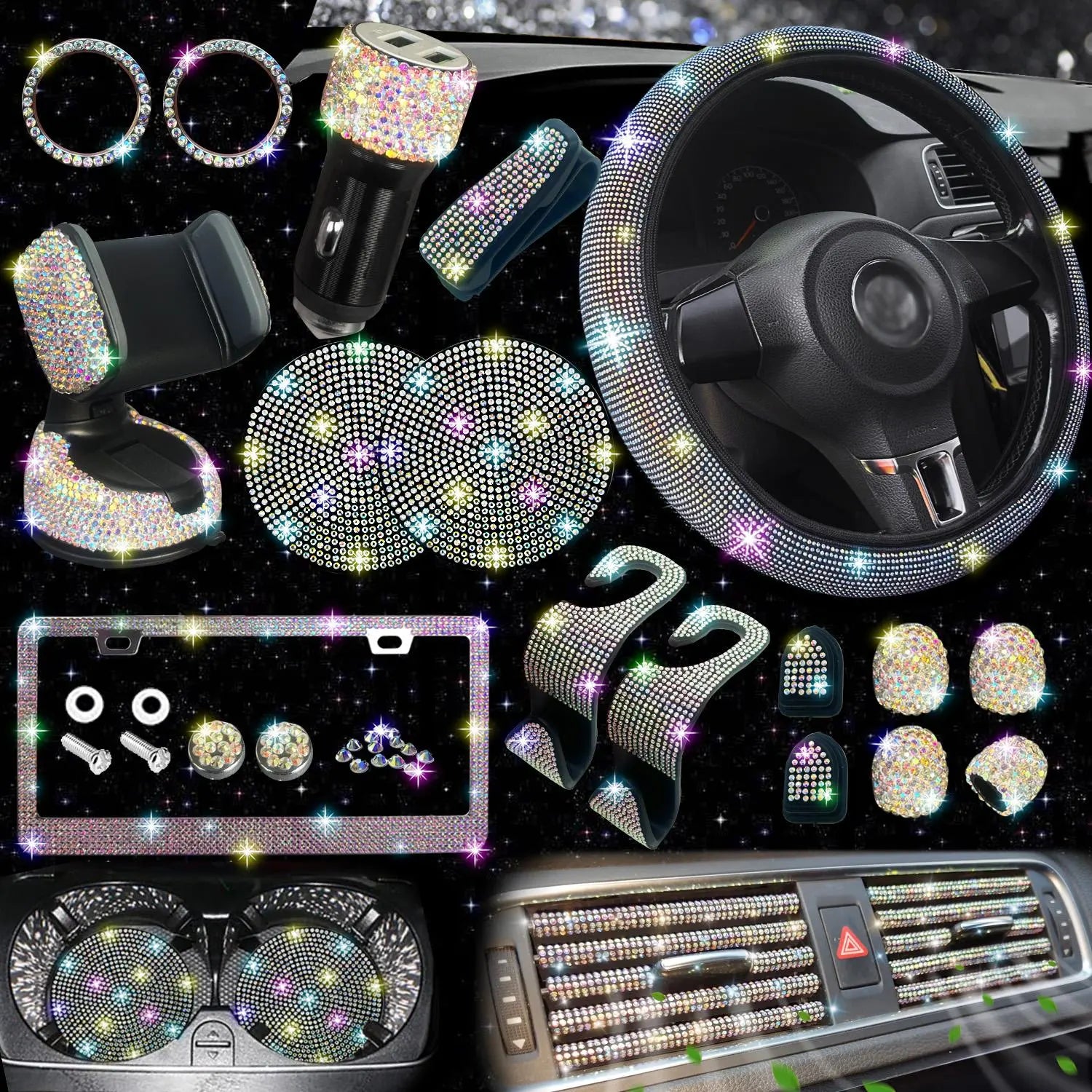Rhinestone Car Decoration Set for Fall, Steering Wheel Cover & License Plate Frame & Coaster & Hook for BMW I8, Vehicle Automotive Accessories, Interior, Car Accessories