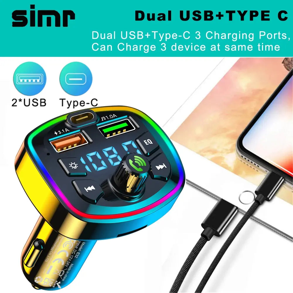 Simr E32 Multifunctional Car FM Transmitter, Bluetooth (BT) FM Transmitter & Wireless Radio Universal Car Adapter Car Kit with Dual USB & Type-C Fast Charging Car Charger, MP3 Player, USB Flash Drive Support, Smart Car Audio Receiver